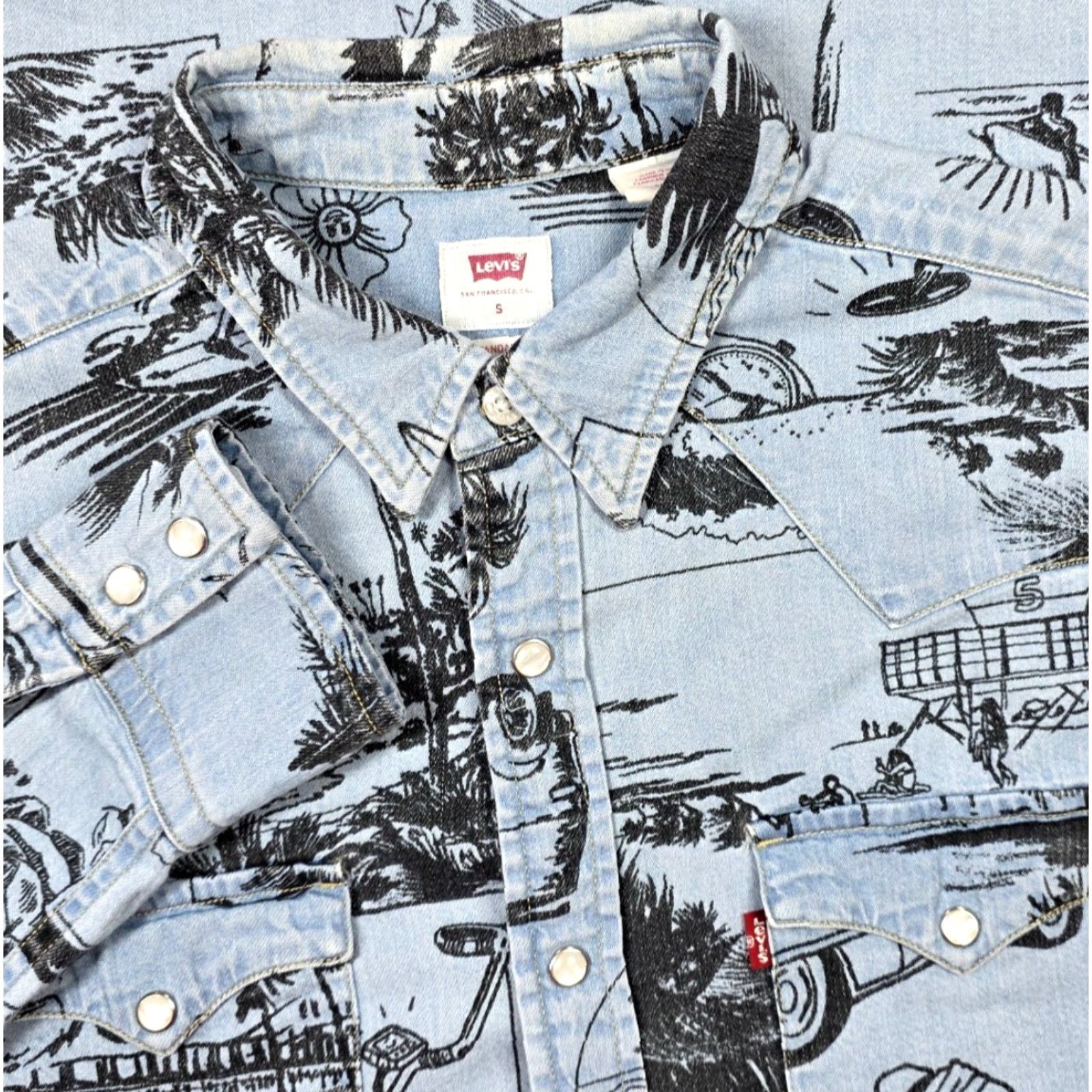 Levi's VINTAGE Levi’s Denim Western Pearl Snap Long Sleeve Blue Mens S All Over Graphic Print Size US S / EU 44-46 / 1 - 2 Thumbnail