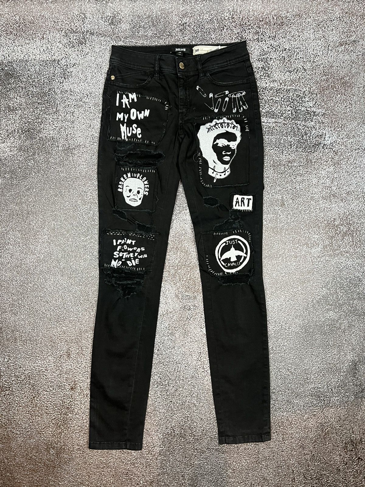 image of Just Cavalli Punk Patch Distressed Skinny Denim Pants in Black, Women's (Size 26)
