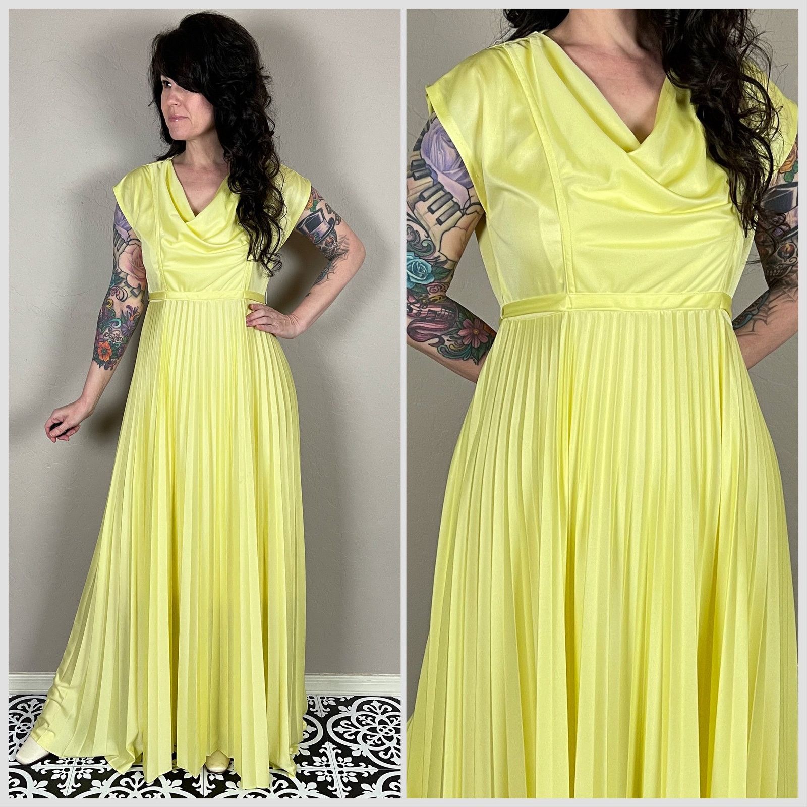 Vintage Vintage 1970s Pastel Yellow Sleeveless Pleated Maxi Dress Size M / US 6-8 / IT 42-44 - 1 Thumbnail