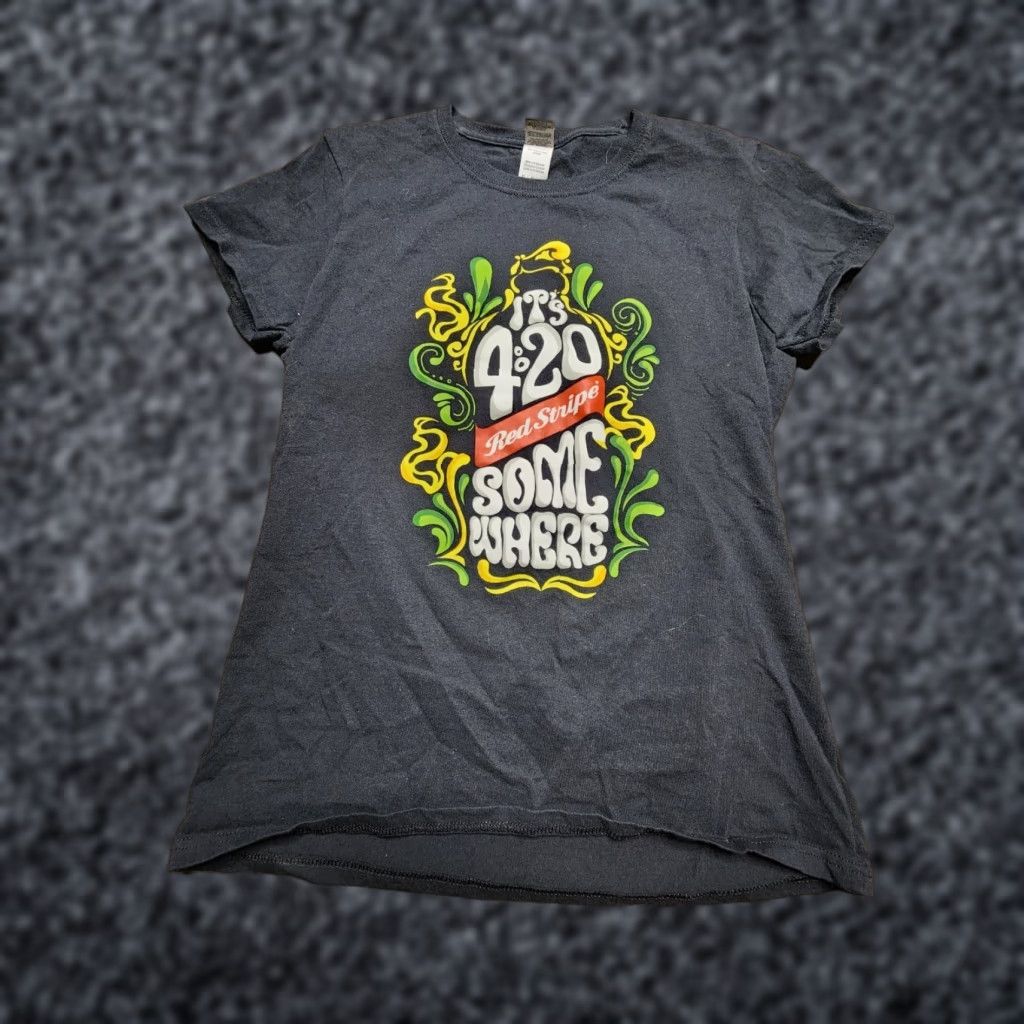 SOMET Womens M Red Stripe Beer "Its 4:20 Some Where" Promo T Shirt Size M / US 6-8 / IT 42-44 - 1 Thumbnail