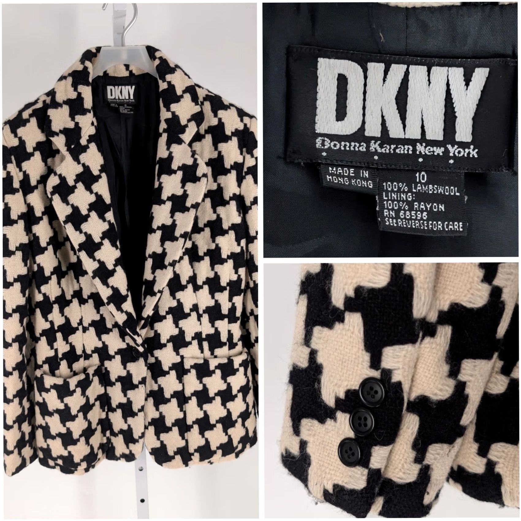 DKNY VINTAGE DKNY Blazer Houndstooth Wool 90s Lambswool Mid-Length Black Cream Patch Pockets Womens 10 Size L / US 10 / IT 46 - 2 Thumbnail
