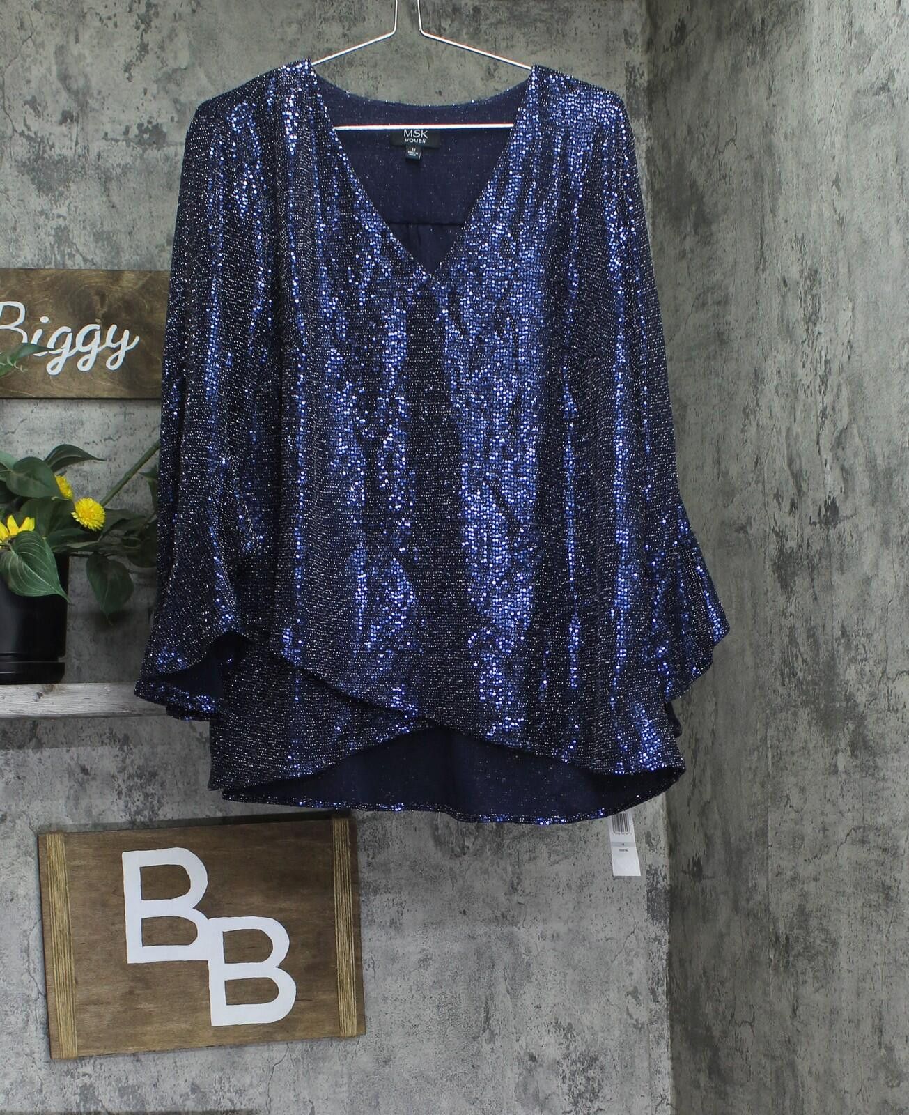 Other Nwt Msk V Sleeve Sequin Knit Blouse Top Shirt Navy Blue 1x Size XL / US 12-14 / IT 48-50 - 1 Thumbnail