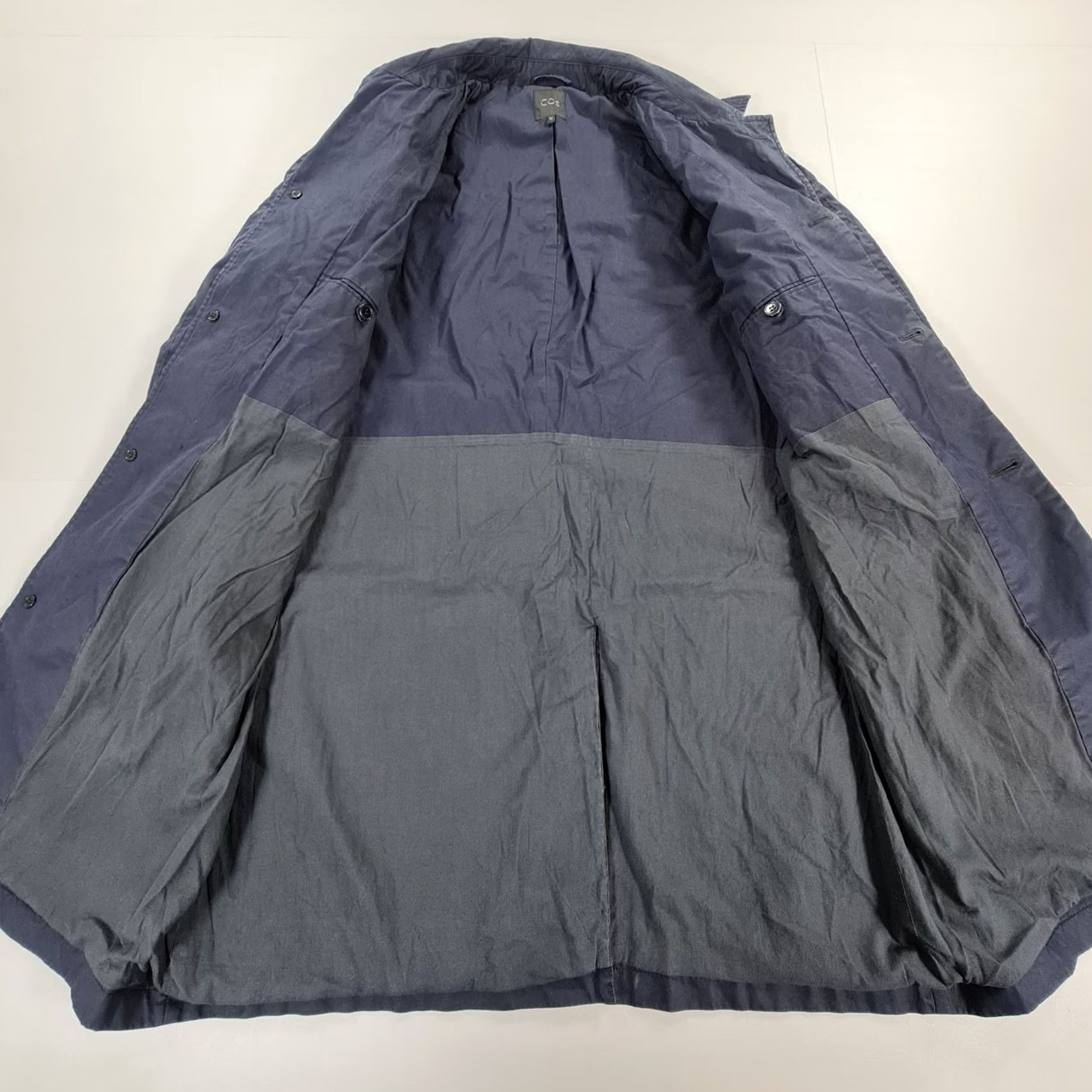 Cos COS Coat Mens Navy Blue 52 Cotton Long Line Single Breasted Overcoat Lightweight Pockets Size US L / EU 52-54 / 3 - 4 Thumbnail