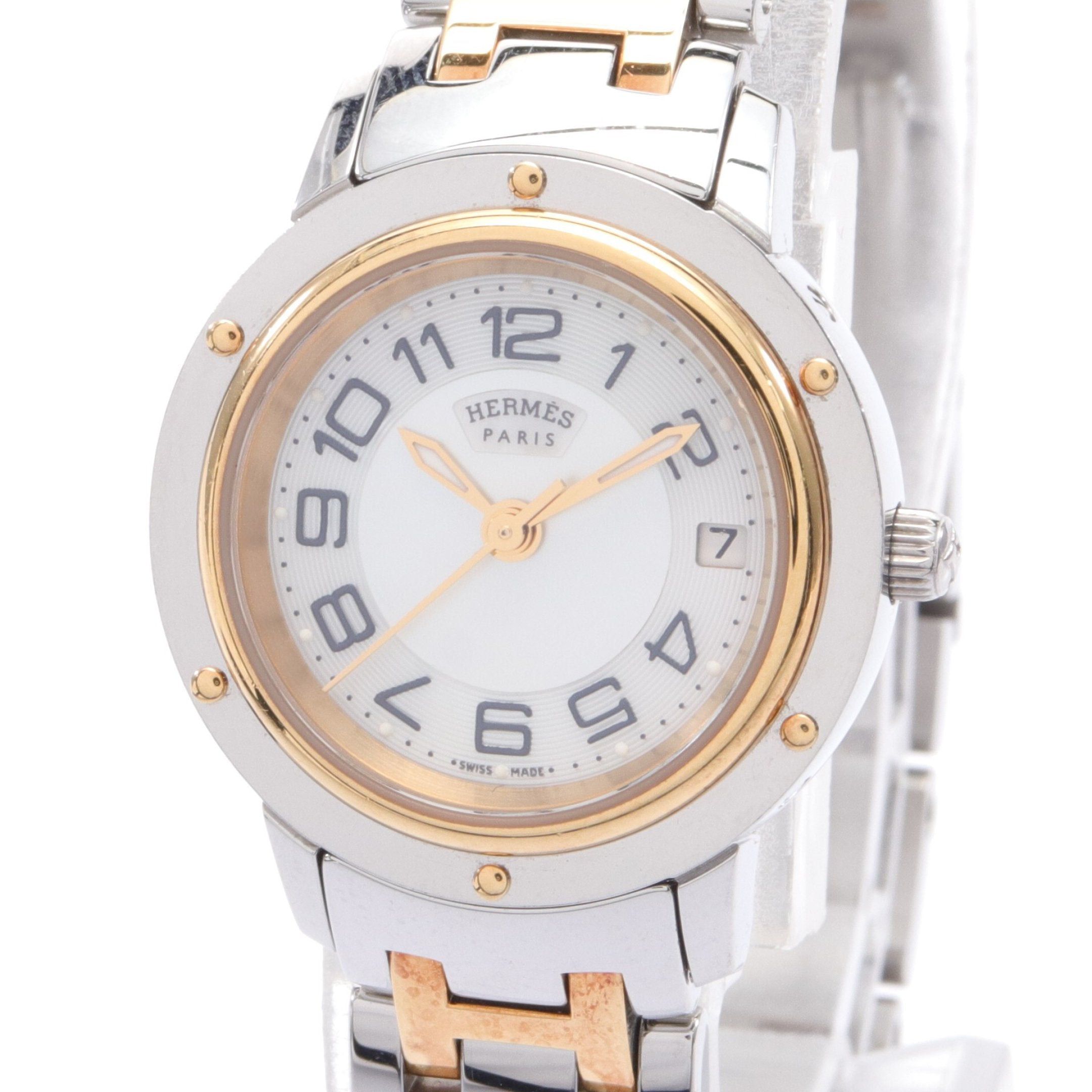 Image of Hermes Clipper Women Watch Quartz Ss Gp Silver Gold White Shell Dial