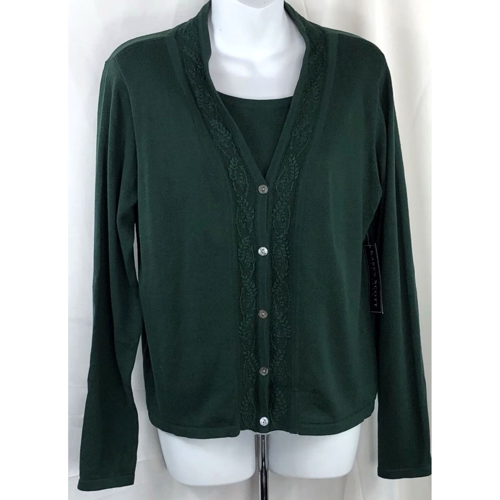 Vintage Karen Scott Sweater Womens PL Green NWT Cardigan Top Combo Crochet LongSleeve cottage Size L / US 10 / IT 46 - 5 Thumbnail