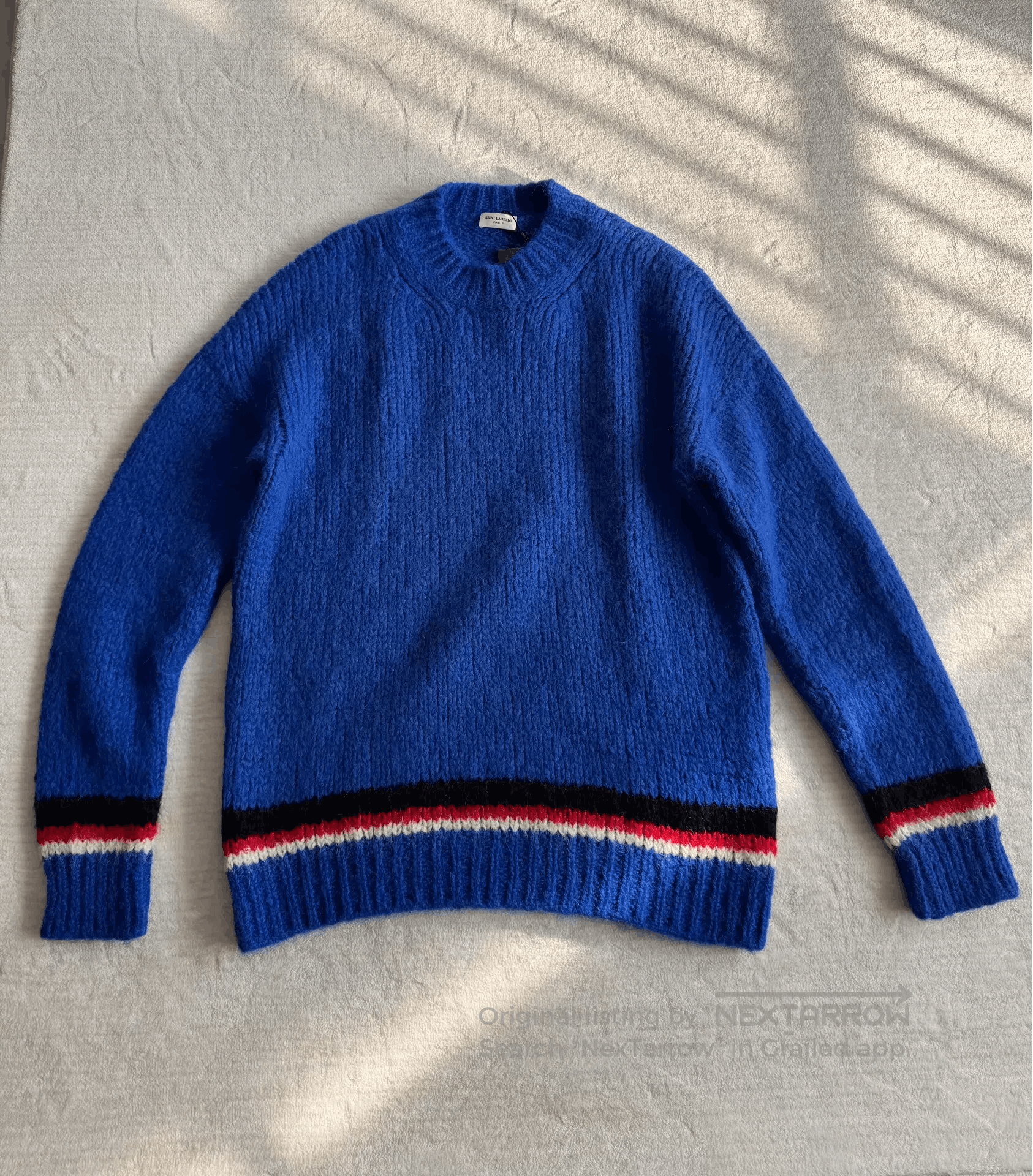 Saint Laurent Paris Blue Ribbed Sweater with Striped Hem. Size US S / EU 44-46 / 1 - 1 Thumbnail