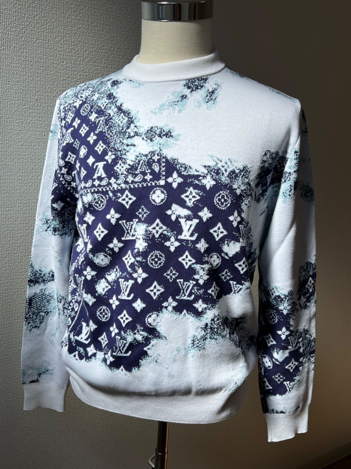 image of Louis Vuitton Monogram Bandana Crewneck Sweater in White/Navy, Men's (Size Medium)