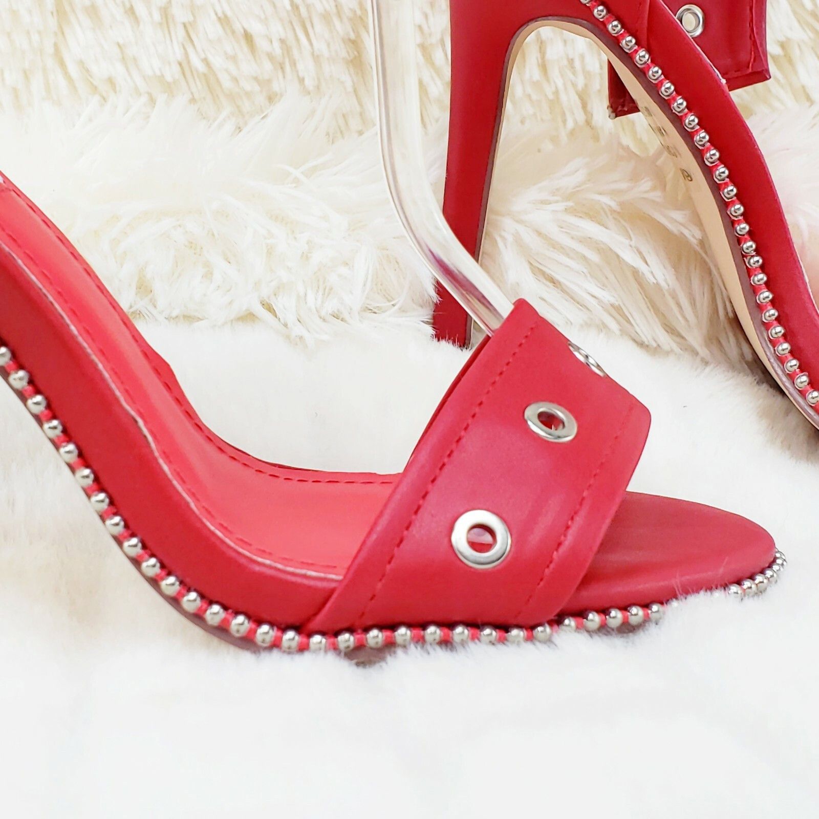 Other CR Bullet Stud Trim Red Vegan Leather Sandal 4.25" High Heel Size US 6.5 / IT 36.5 - 9 Thumbnail