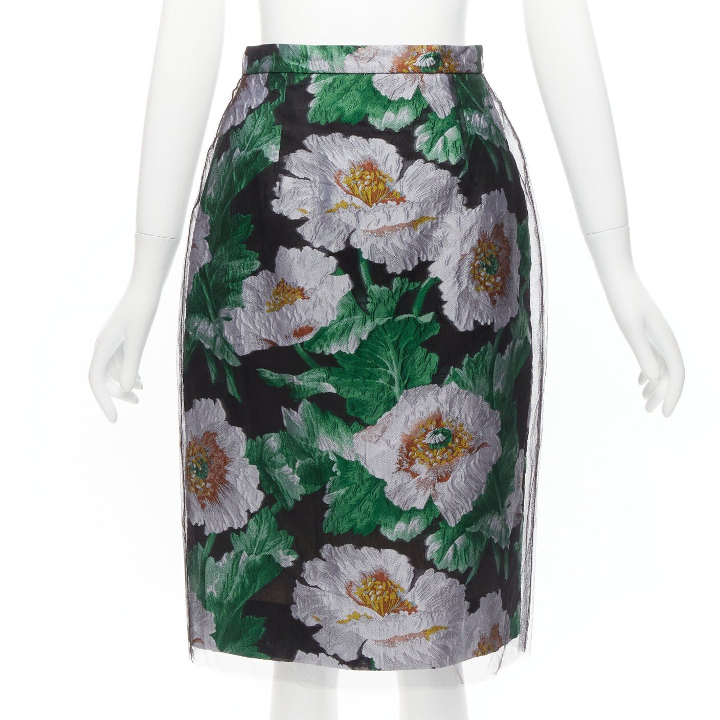 Oscar De La Renta OSCAR DE LA RENTA 2020 black tulle overlay grey green floral jacquard skirt US0 XS Size 26" / US 2 / IT 38 - 1 Thumbnail