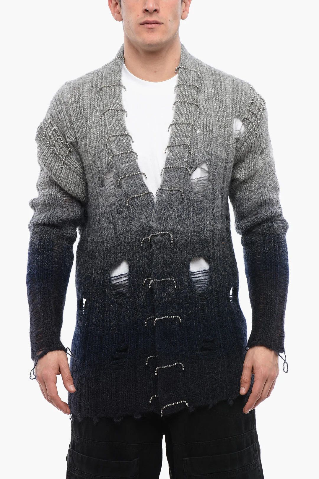 Off-White og1mm0526 Distressed-Effect Wool Cardigan in Gray/Black Size US L / EU 52-54 / 3 - 1 Thumbnail