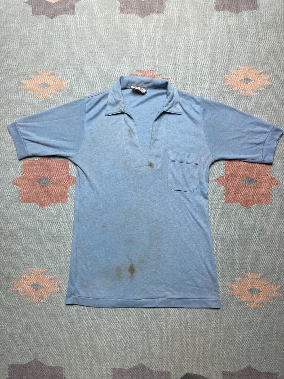 Vintage Vtg 70s polo shirt open neck soft blue stained grunge small Size US S / EU 44-46 / 1 - 1 Thumbnail