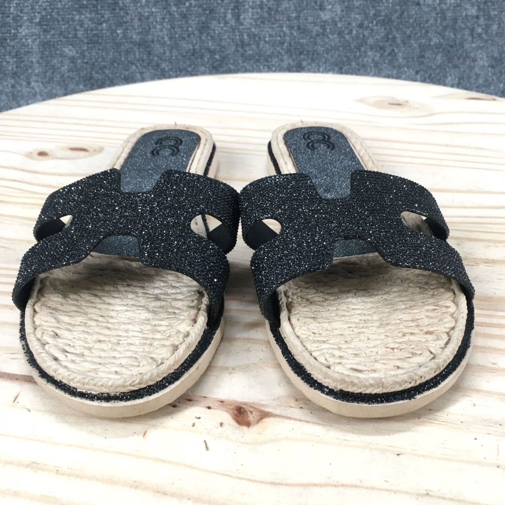 Vintage Cindy Claire Sandals Womens 38 Slide Flats Slip On CC Logo Black Glitter Open Toe Womens Shoes Slips On Sandals Low Heel Flat Casual Size US 8 / IT 38 - 4 Thumbnail