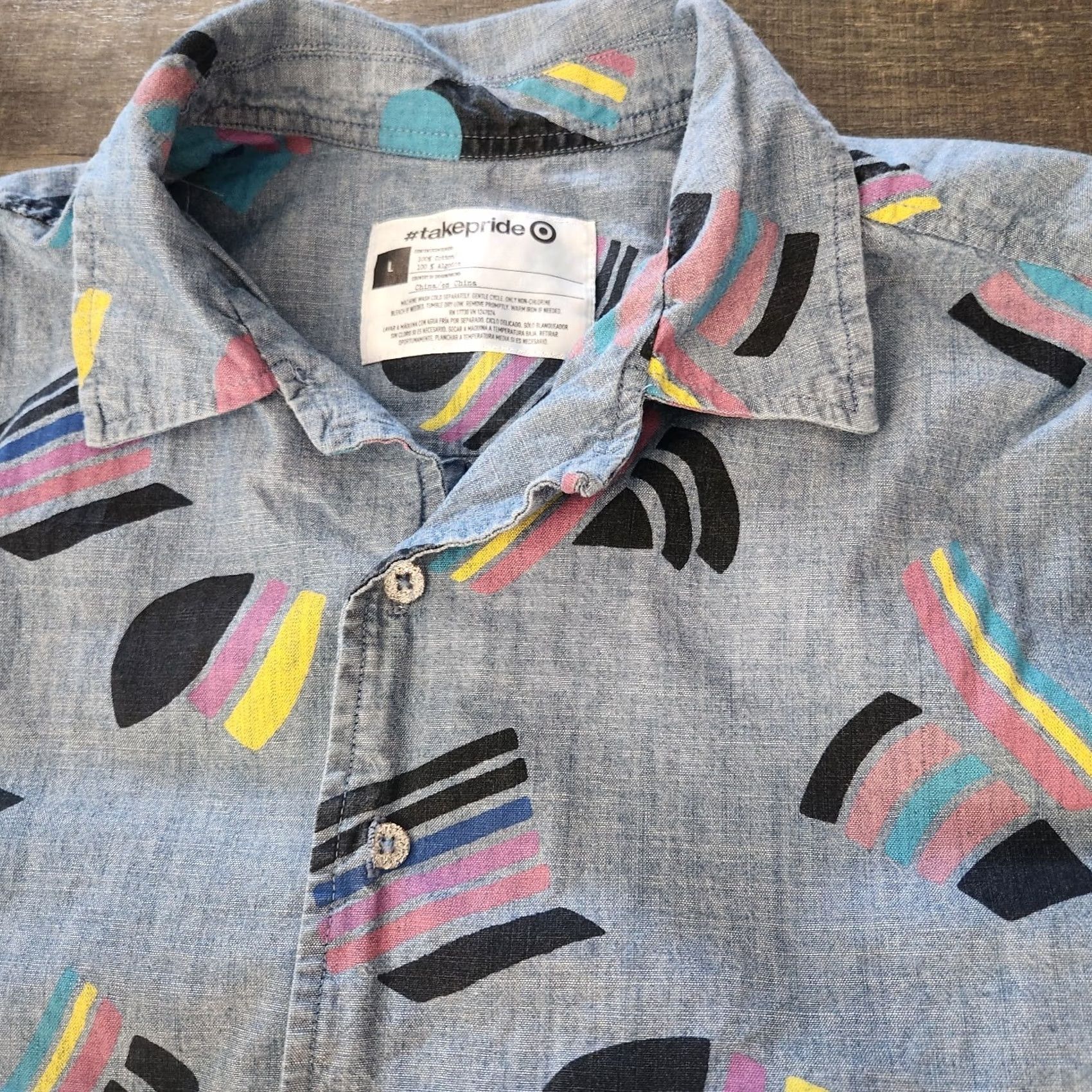 Vintage Take Pride Collection Shirt Men's Medium Blue Chambray Retro 90's Style Print Rainbow Button-Down Collared Short Sleeve Logo Embroidered Pocket Size US M / EU 48-50 / 2 - 2 Thumbnail