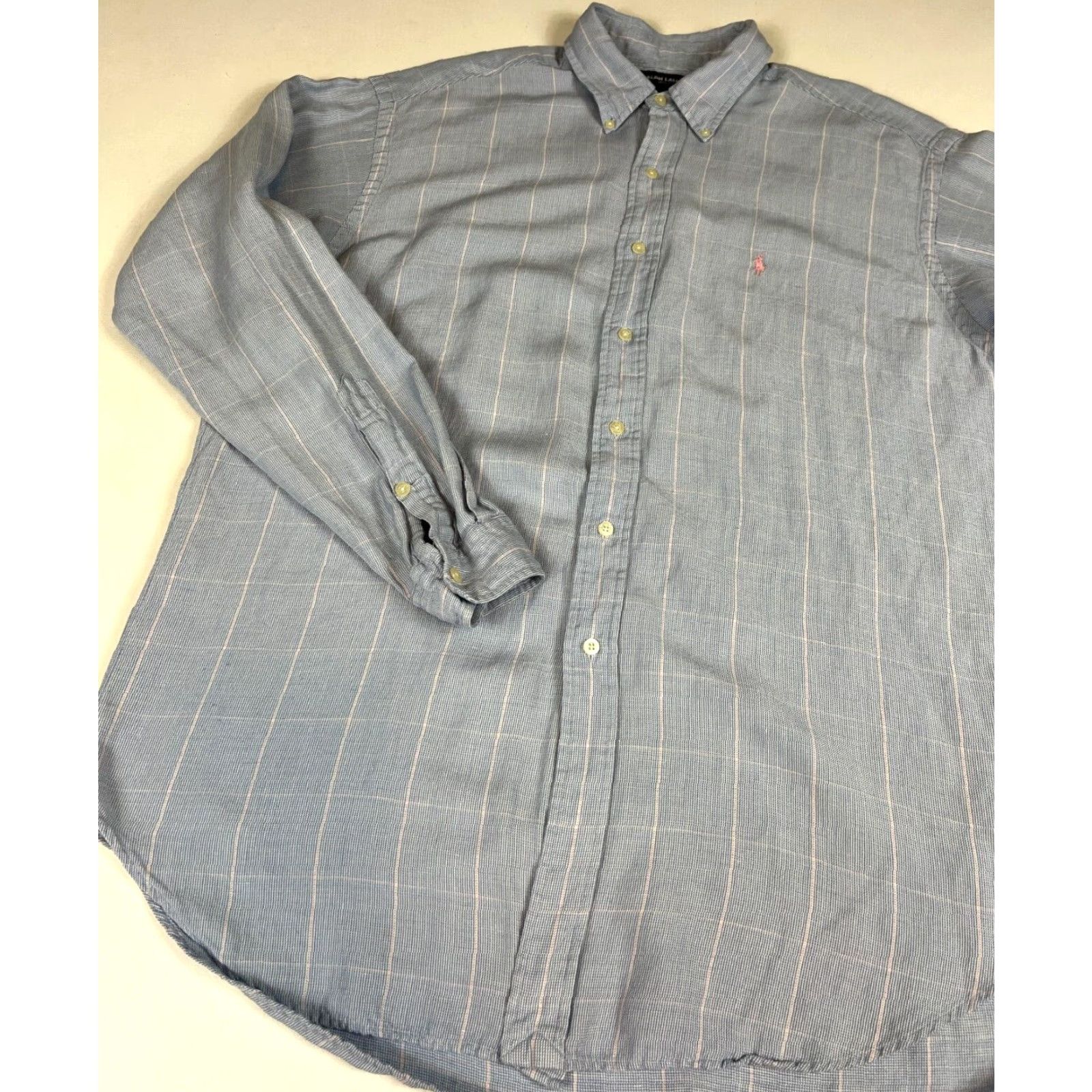 Ralph Lauren Ralph Lauren Golf Tilden Button-Down Shirt Window Pane Silk Linen Sz L Mens Long Sleeve Blue Size US L / EU 52-54 / 3 - 4 Thumbnail