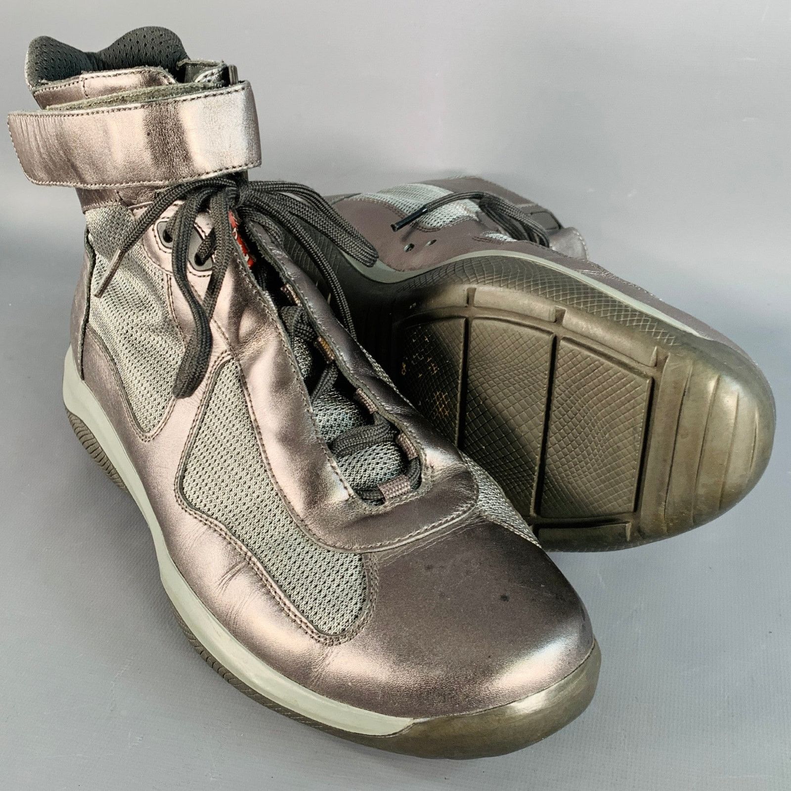 Prada America's Cup Silver Leather Nylon Mesh Ankle Sneakers Size US 10.5 / EU 43-44 - 5 Thumbnail