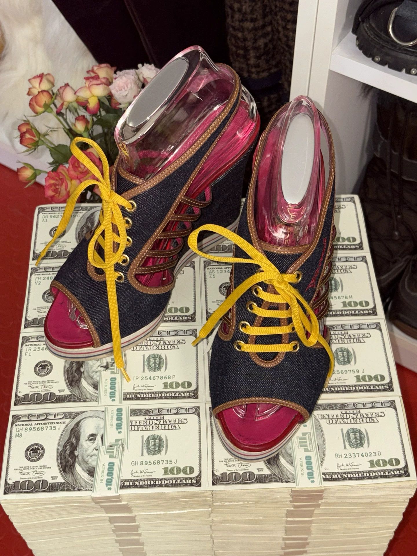 Dsquared2 D2 colorblock denim peep-toe thick heel sandal Size US 8.5 / IT 38.5 - 1 Thumbnail