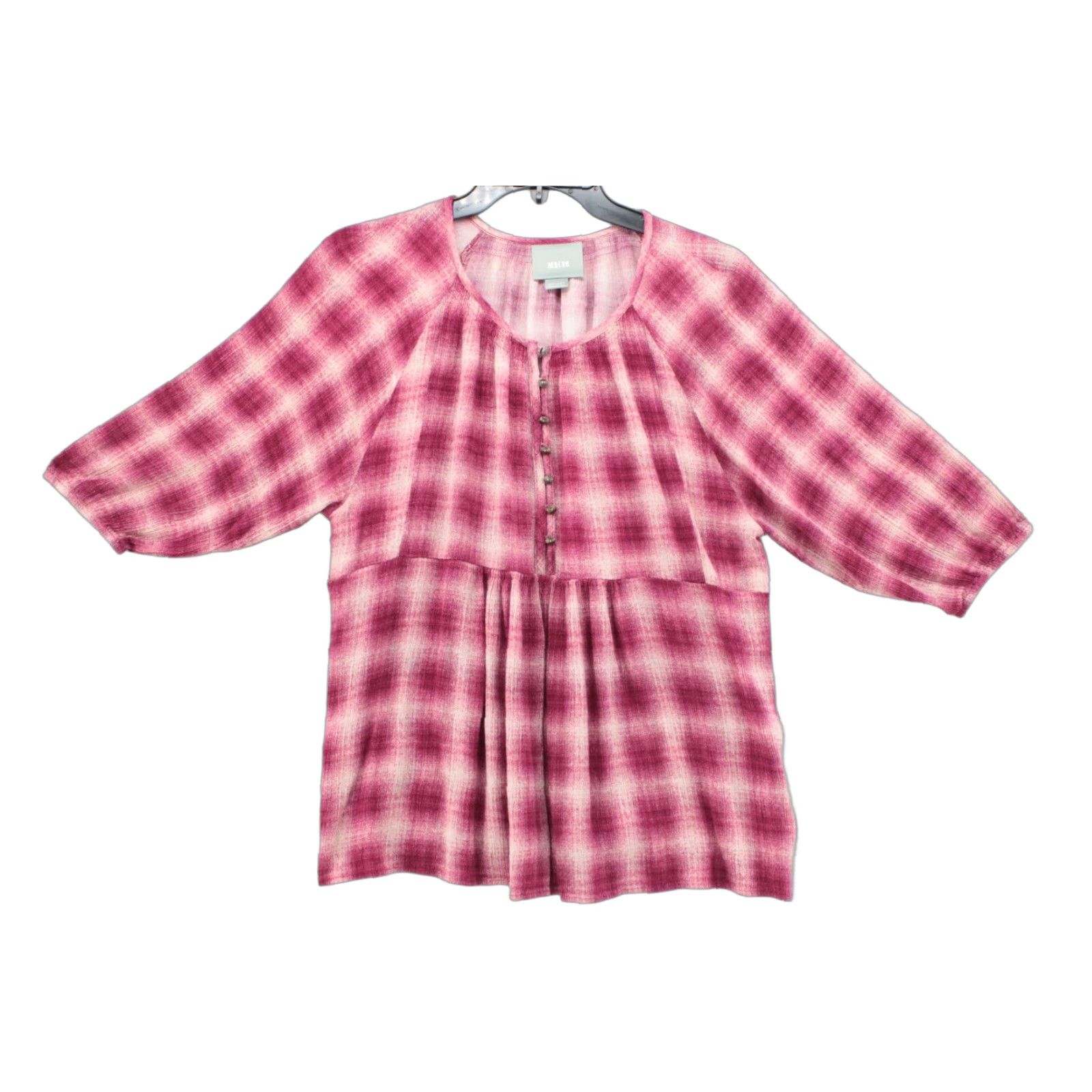 Maeve Anthropologie Top Women's Medium Pink Plaid Button-Up Boho Balloon Sleeve Shirt