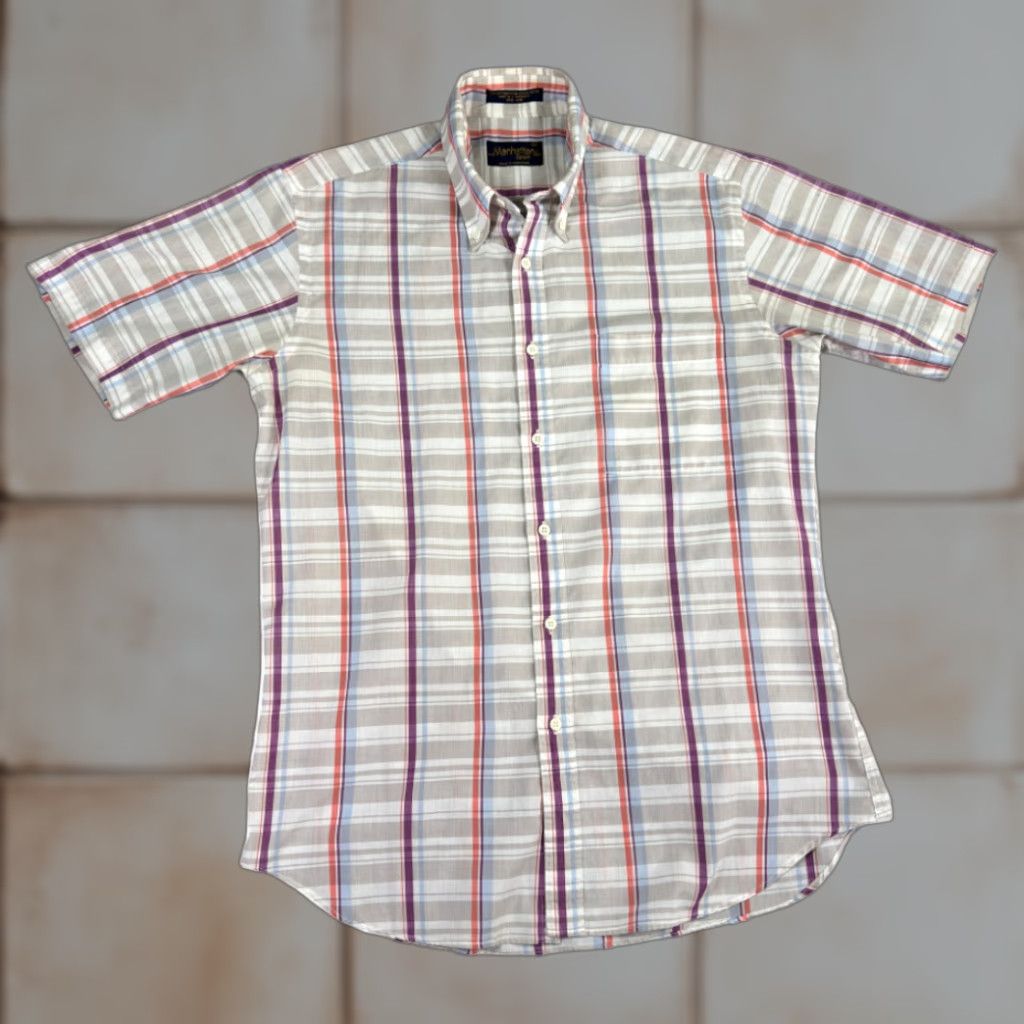 Vintage VINTAGE Manhattan Shirt Adult MEDIUM Brown Blue Plaid Button-Down Sport 80s Mens Size US M / EU 48-50 / 2 - 1 Thumbnail