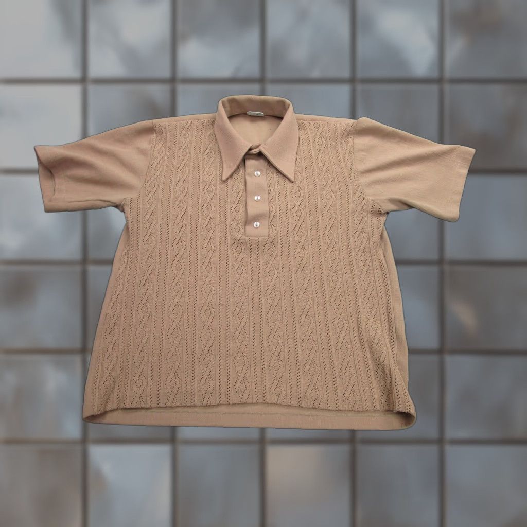 VINTAGE Montgomery Ward Polo Shirt Mens S Beige Geometric Knit 70s Retro