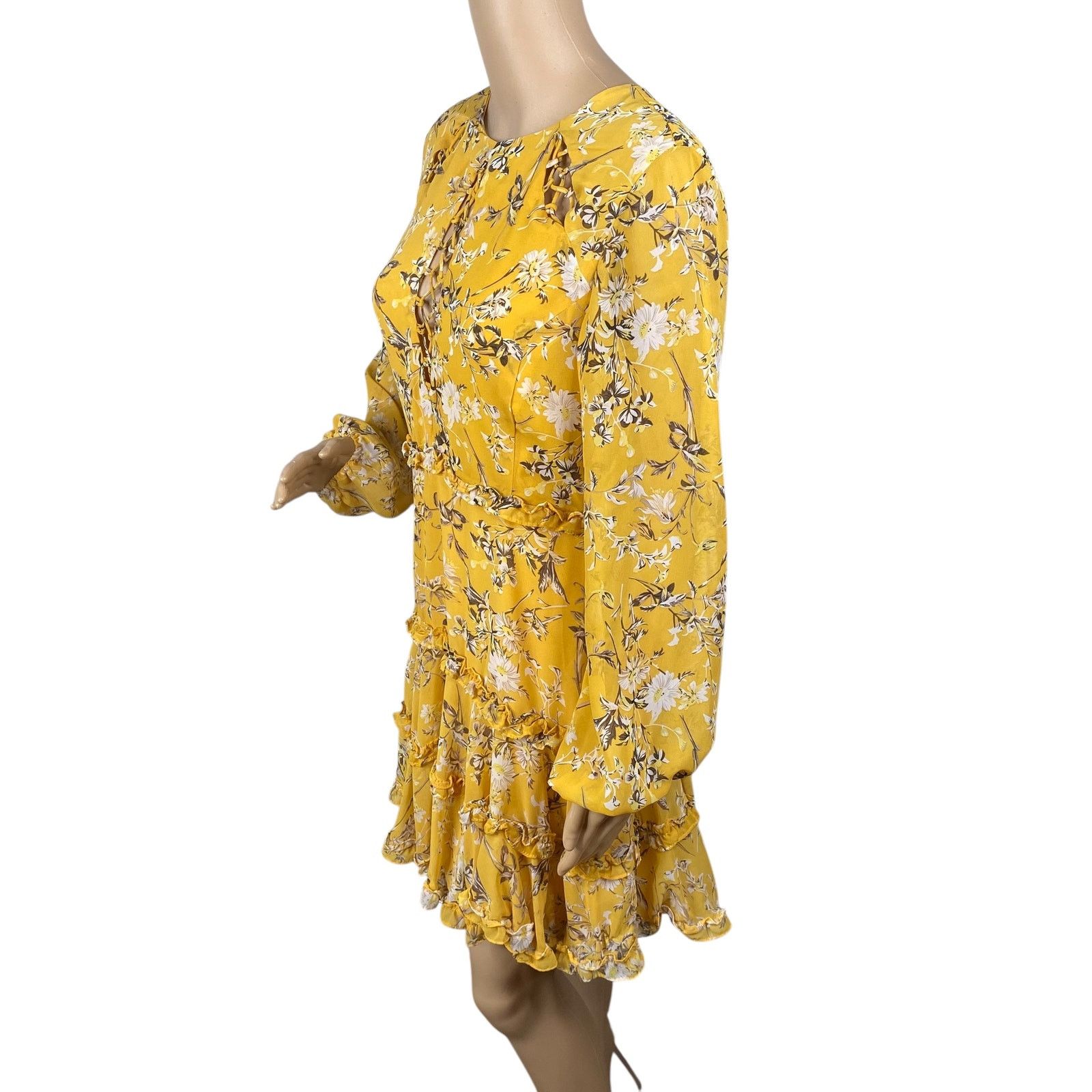 Anthropologie Bardot Yellow Floral Lace Up Ruffle Romantic Mini Dress SZ 8 Size M / US 6-8 / IT 42-44 - 8 Thumbnail