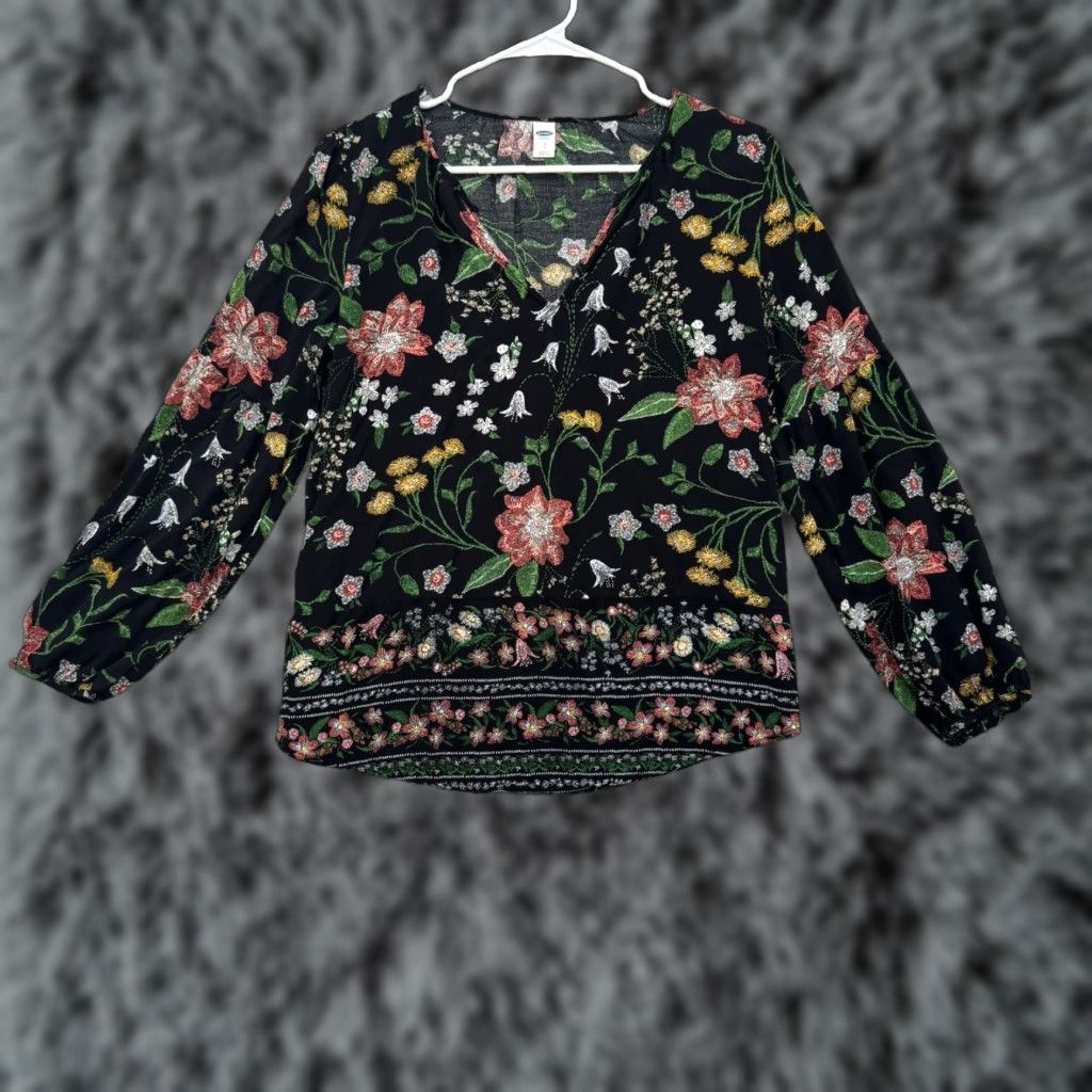 Old Navy Old Navy Blouse Shirt Womens S Black Rayon Boho Peasant Floral Long Sleeve Lightweight Spring Summer Festival Size S / US 4 / IT 40 - 1 Thumbnail