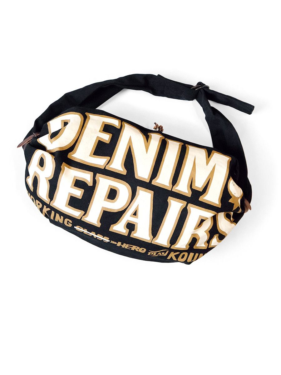 image of Kapital Denim Repairs Printed Canvas Snufkin Bag in Black, Men's
