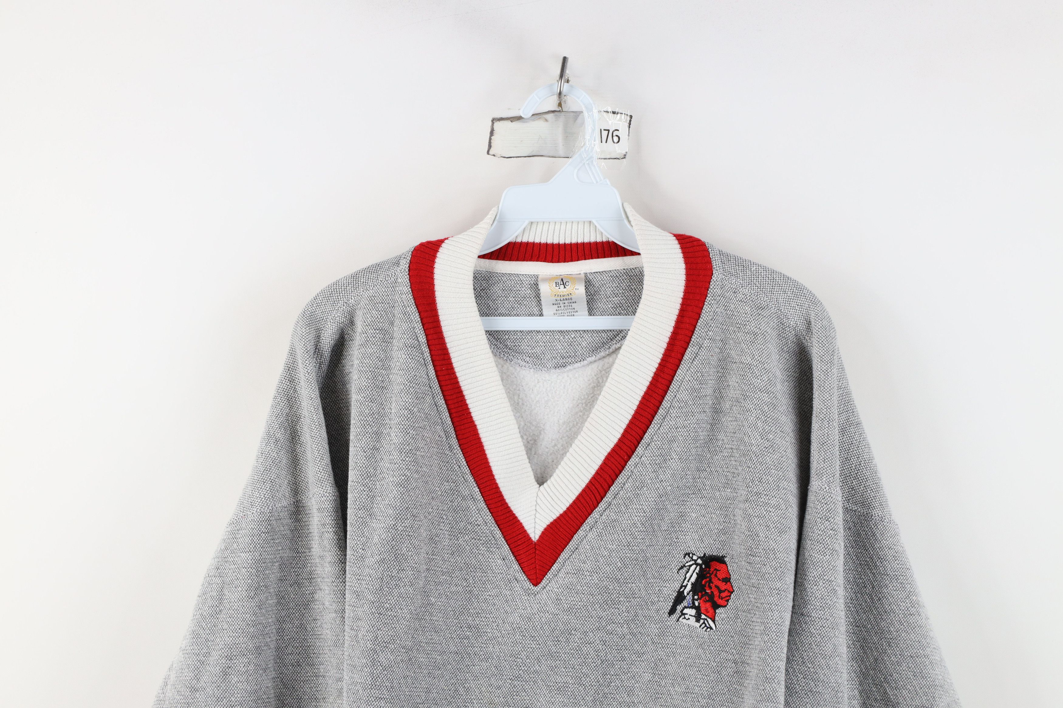 Vintage Vintage 90s Streetwear Indian Head V-Neck Sweatshirt Gray Size US XL / EU 56 / 4 - 2 Thumbnail