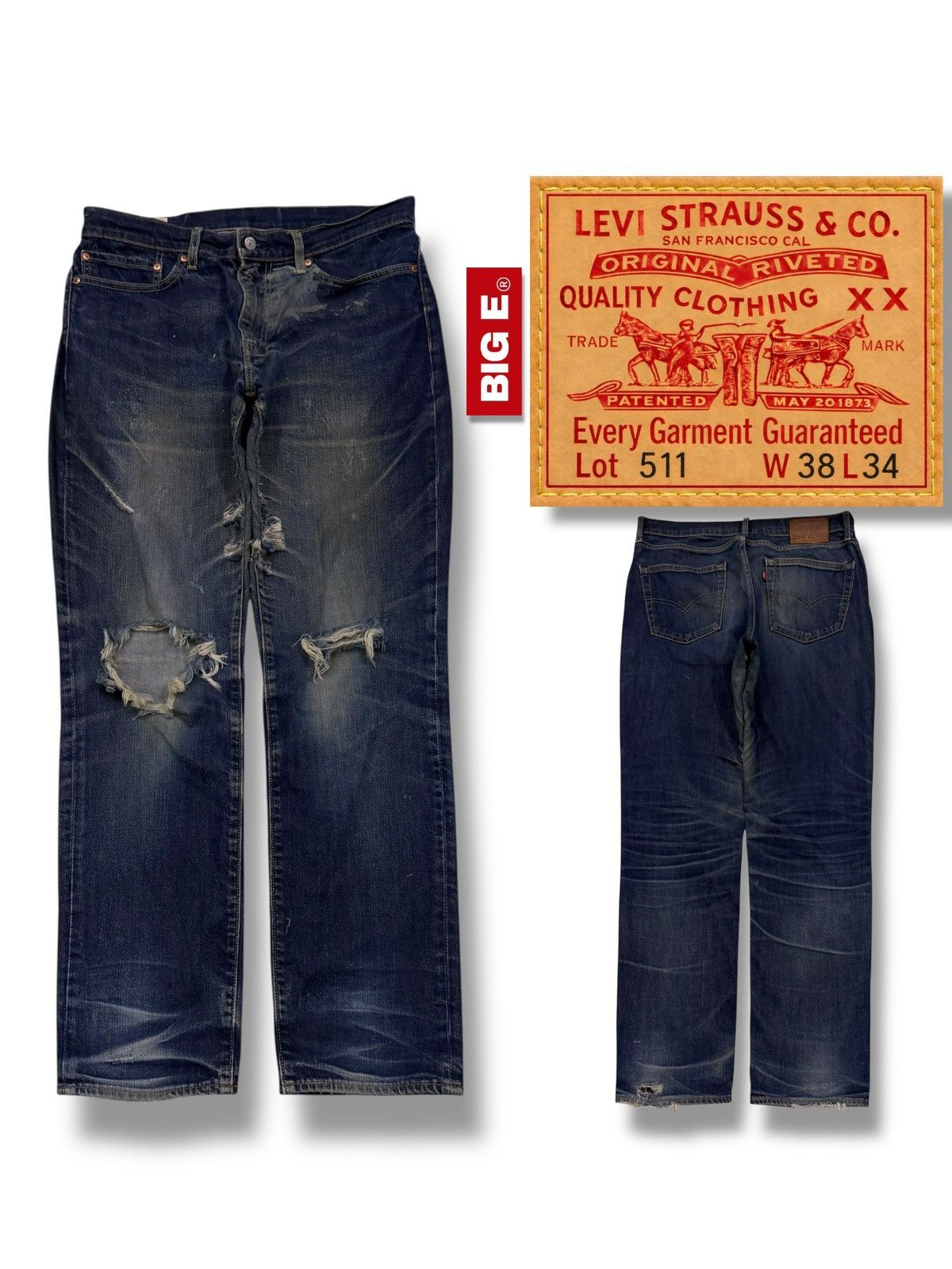 Levi’s Premium 511 Big E Red Tab Heavy Distressed Denim W38