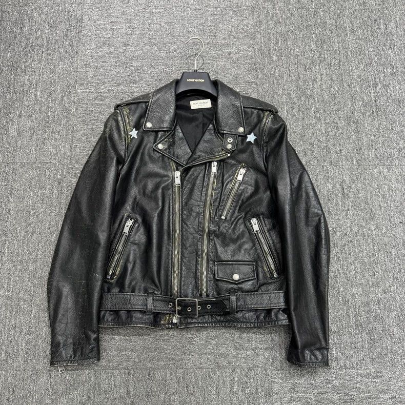 distressed black motorcycle leather jacket Outerwear