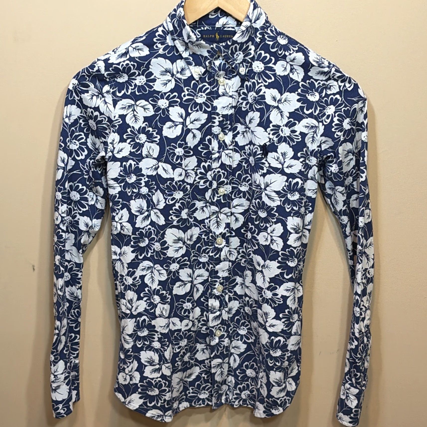 POLO Ralph Lauren Shirt Button-Down Knit Oxford Floral Blue White Mens  Small S Long Sleeve
