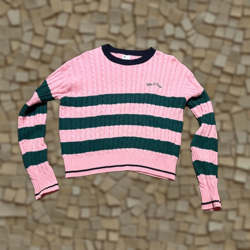Vintage All in Motion Sweater Women's Medium Pink Blue Green Striped "Take it Easy" Size M / US 6-8 / IT 42-44 - 1 Thumbnail