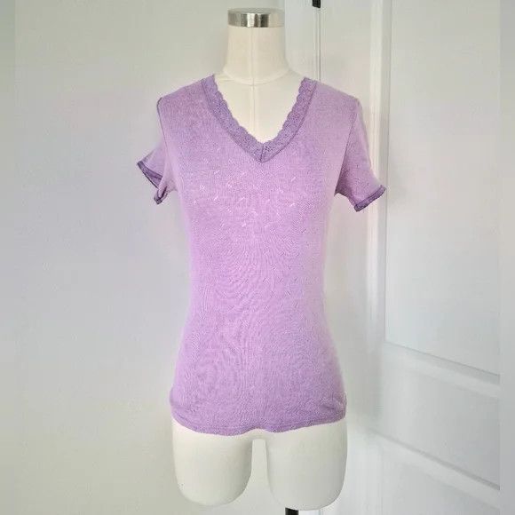 Gap Vtg Pointelle Lace Trim V-Neck PJ Tee Spring Summer Y2K Size S / US 4 / IT 40 - 2 Thumbnail