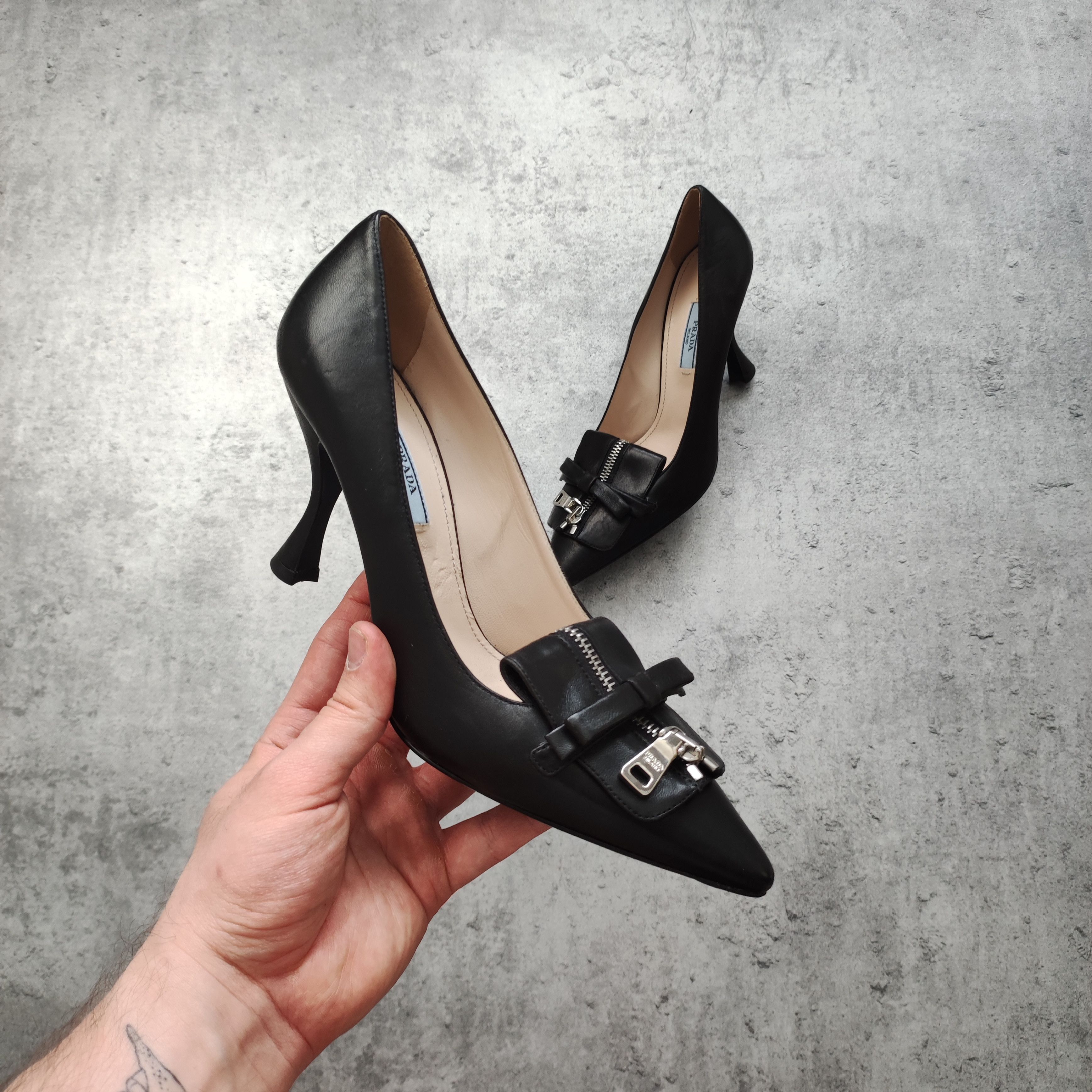 Prada Milano 90s Classic Black Zipper Leather Heels