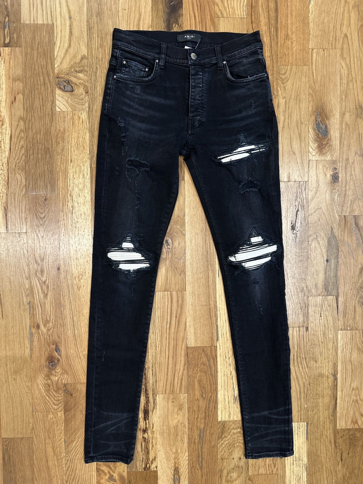 Pre-owned Amiri Mx1 Cream Suede Black Denim Jeans Size 31