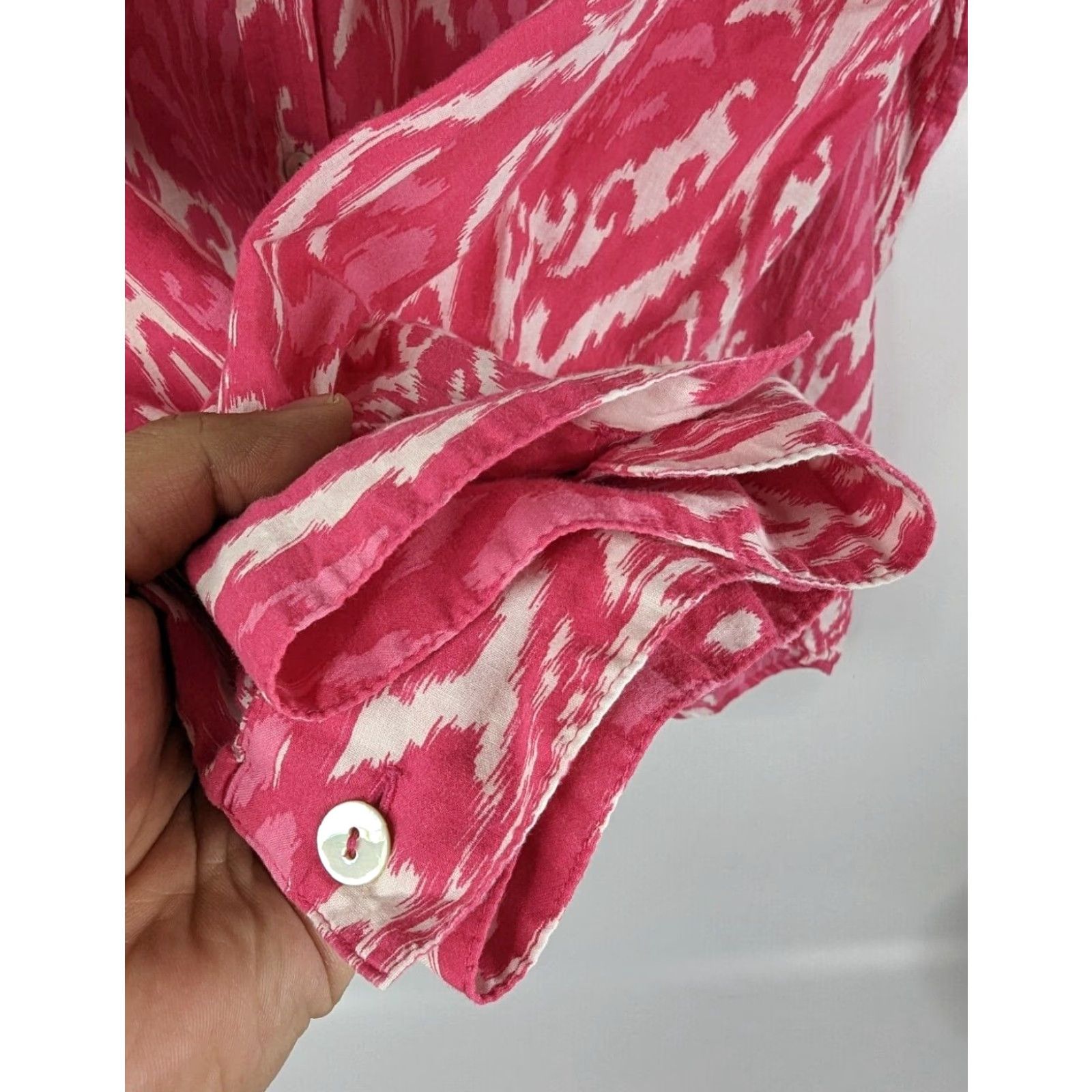 Vintage Chicos Shirt Womens Button-Up Damask Ikat Cotton Pink XL 3 US Sheer Sleeve Long Collared Size XL / US 12-14 / IT 48-50 - 3 Thumbnail