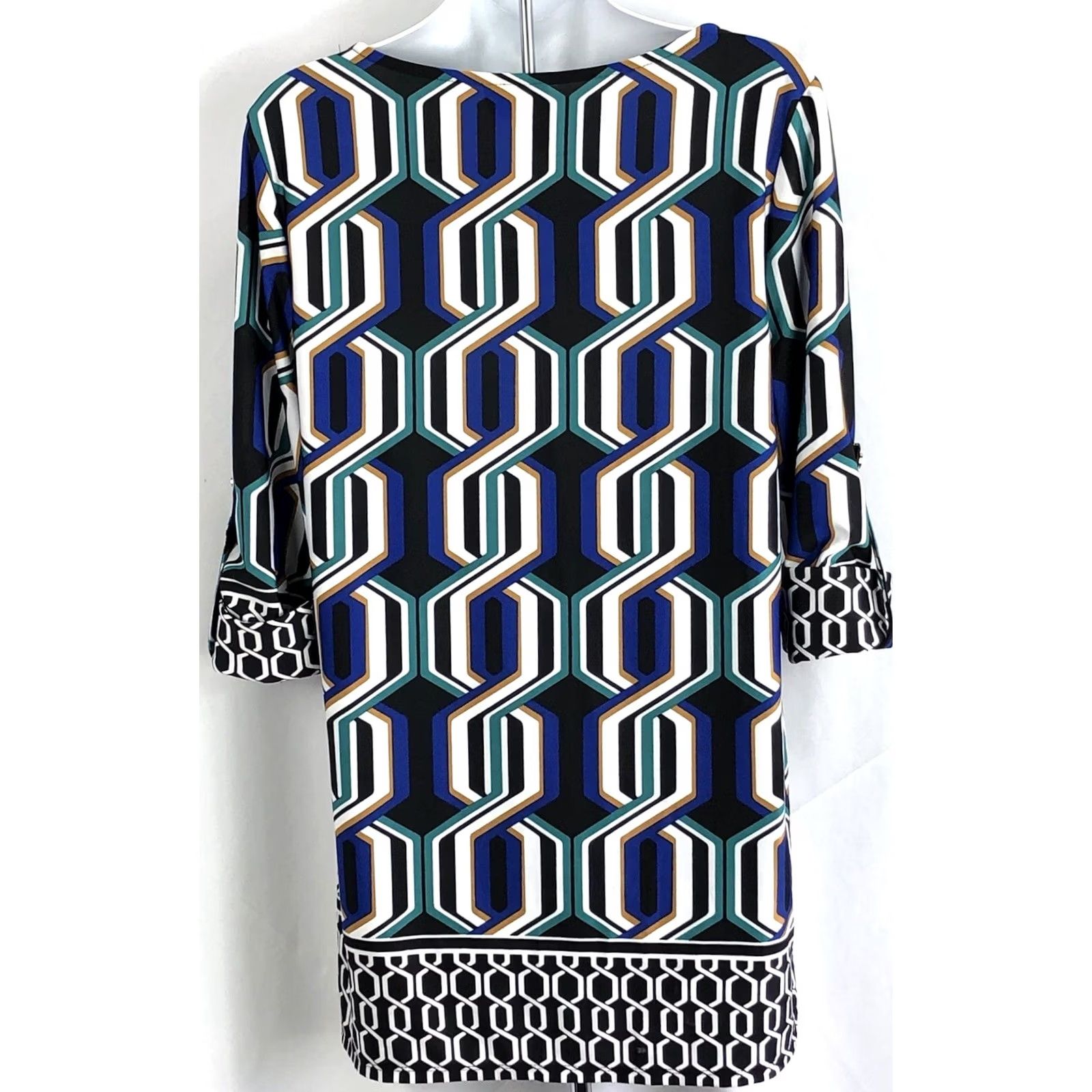 Nwt Retro Mini Dress L Blue/Blk Mod Psychedelic Roll Tab  New Directions Nwt Retro Mini Dress L Blue/Blk Mod Psychedelic Roll Tab Boat Neck 70s GoGo Boho Dress