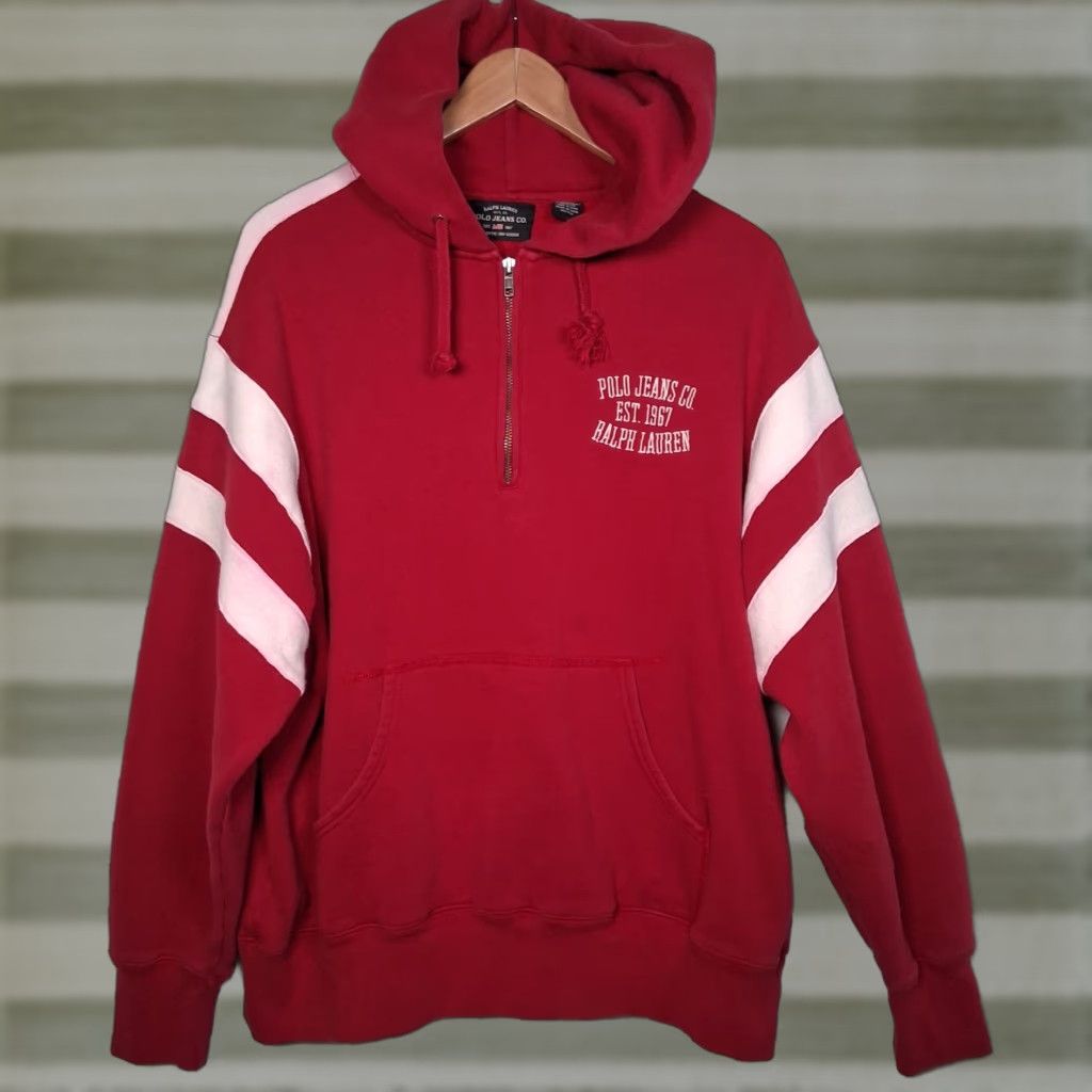Vintage VINTAGE Ralph Lauren Polo Jeans Sweatshirt Men L Red 1/4 Zip Hoodie Pullover Nautical Preppy Retro Denim Knit Embroidred Stripe Pattern Used Size US L / EU 52-54 / 3 - 1 Thumbnail