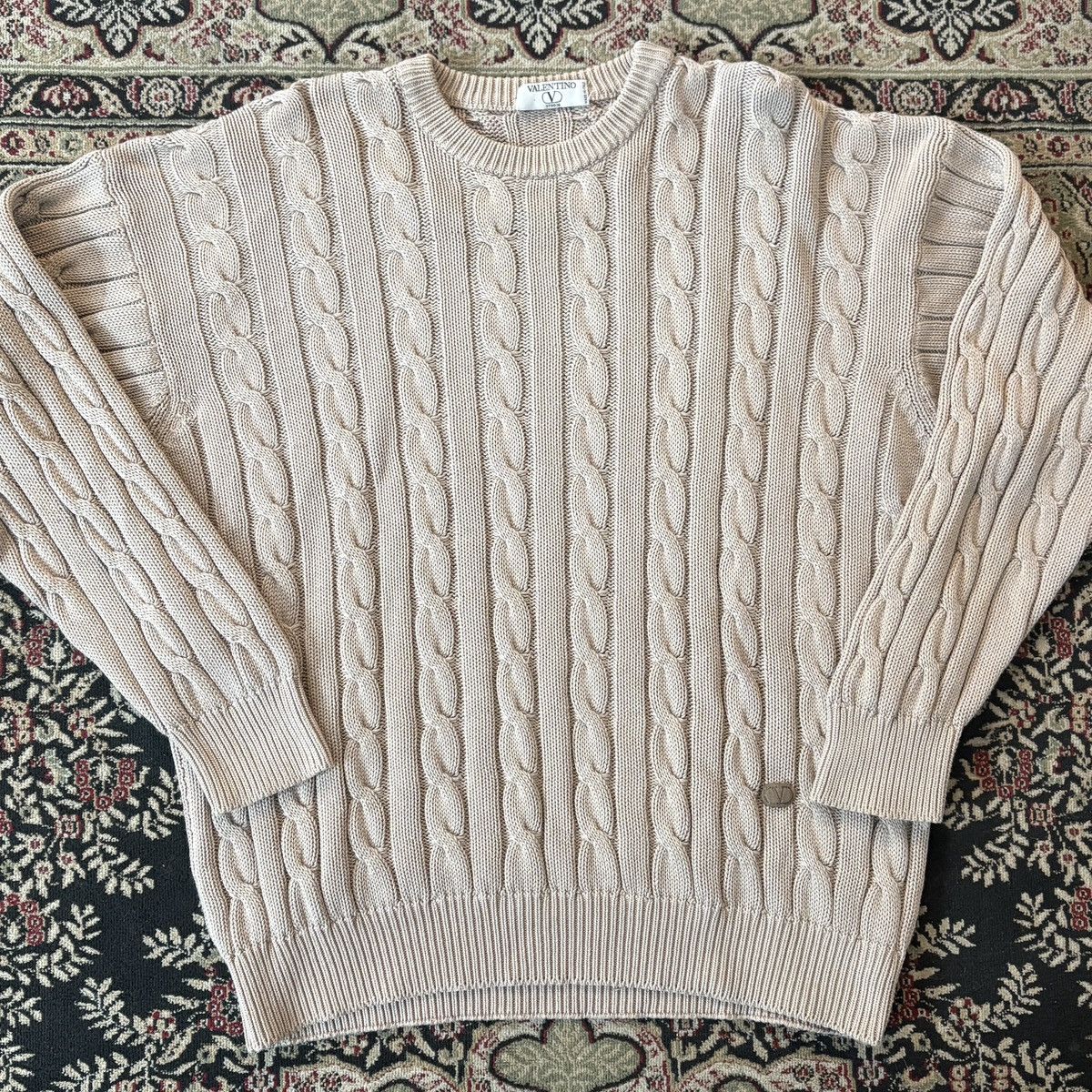 Valentino Cable Knit Beige Cotton Sweater Made in Italy