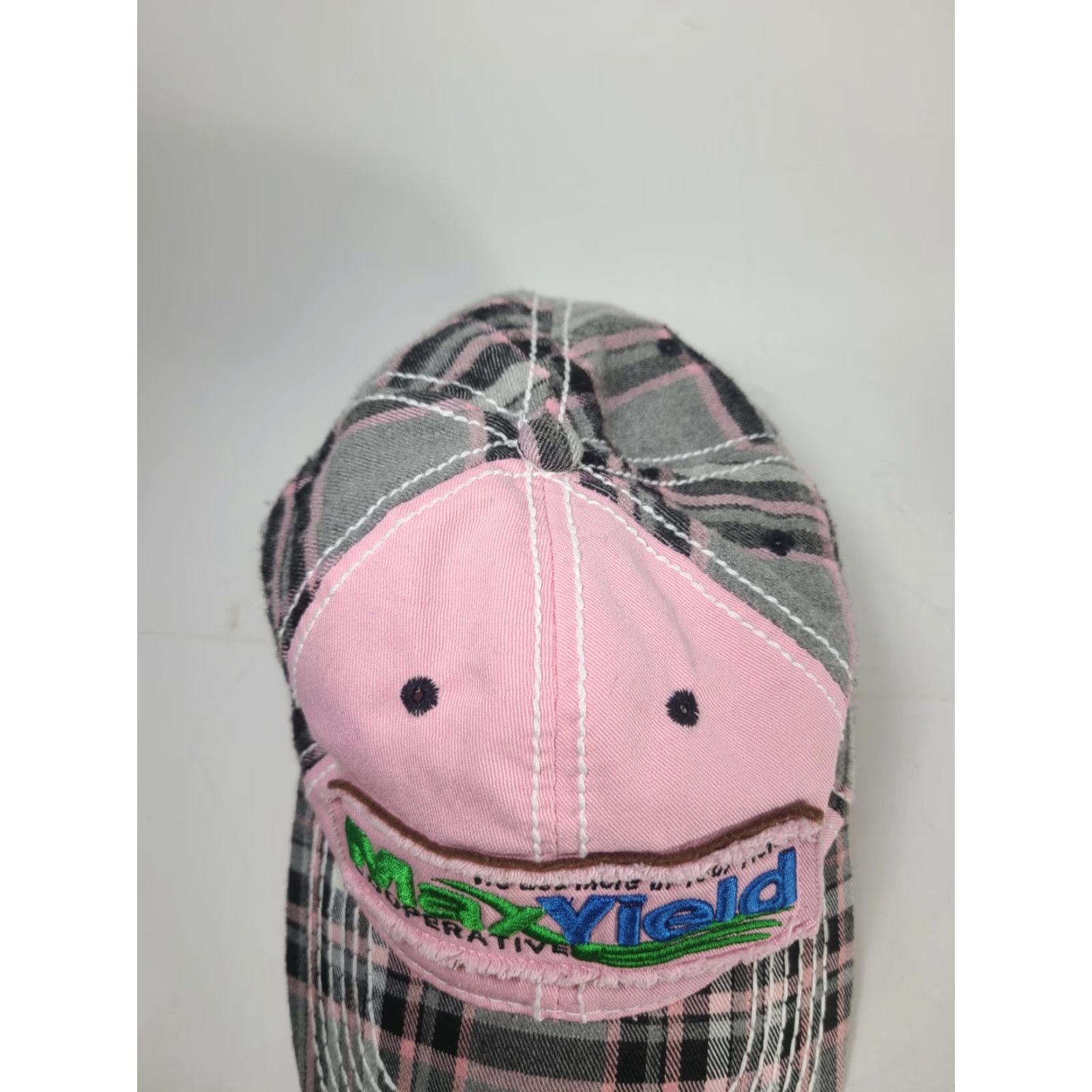 Pinko Cap America MaxYield Cooperative Hat Baseball Cap Pink Plaid Cotton Canvas Adjustable Unisex Adults Farmers Farming Theme 90s? Size ONE SIZE - 3 Thumbnail