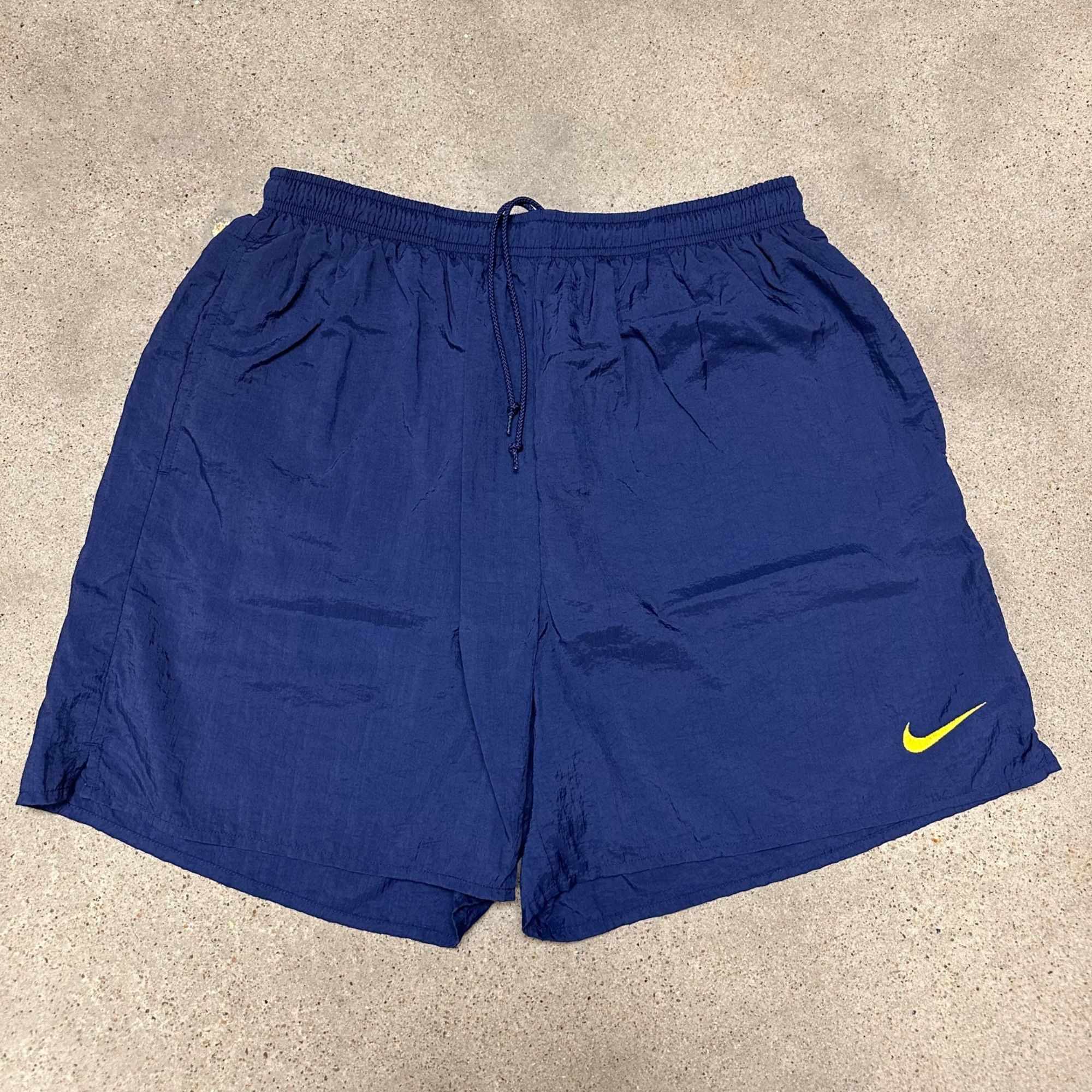 Nike × Vintage Vintage 90s Nike Embroidered Swoosh Nylon Shorts Blue/Yellow Size US 34 / EU 50 - 1 Thumbnail