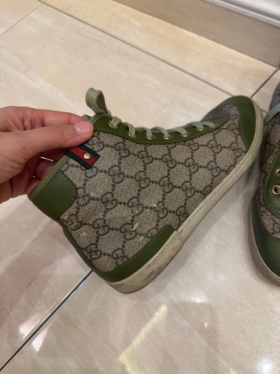 Gucci Gucci Green Leather Brown/Beige GG Supreme Sneakers Size US 6.5 / IT 36.5 - 3 Thumbnail