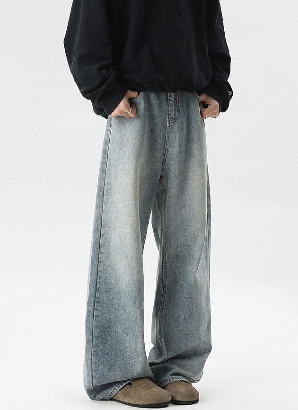 Japanese Brand American washed men's retro loose wide-leg straight jeans Size US 32 / EU 48 - 2 Thumbnail