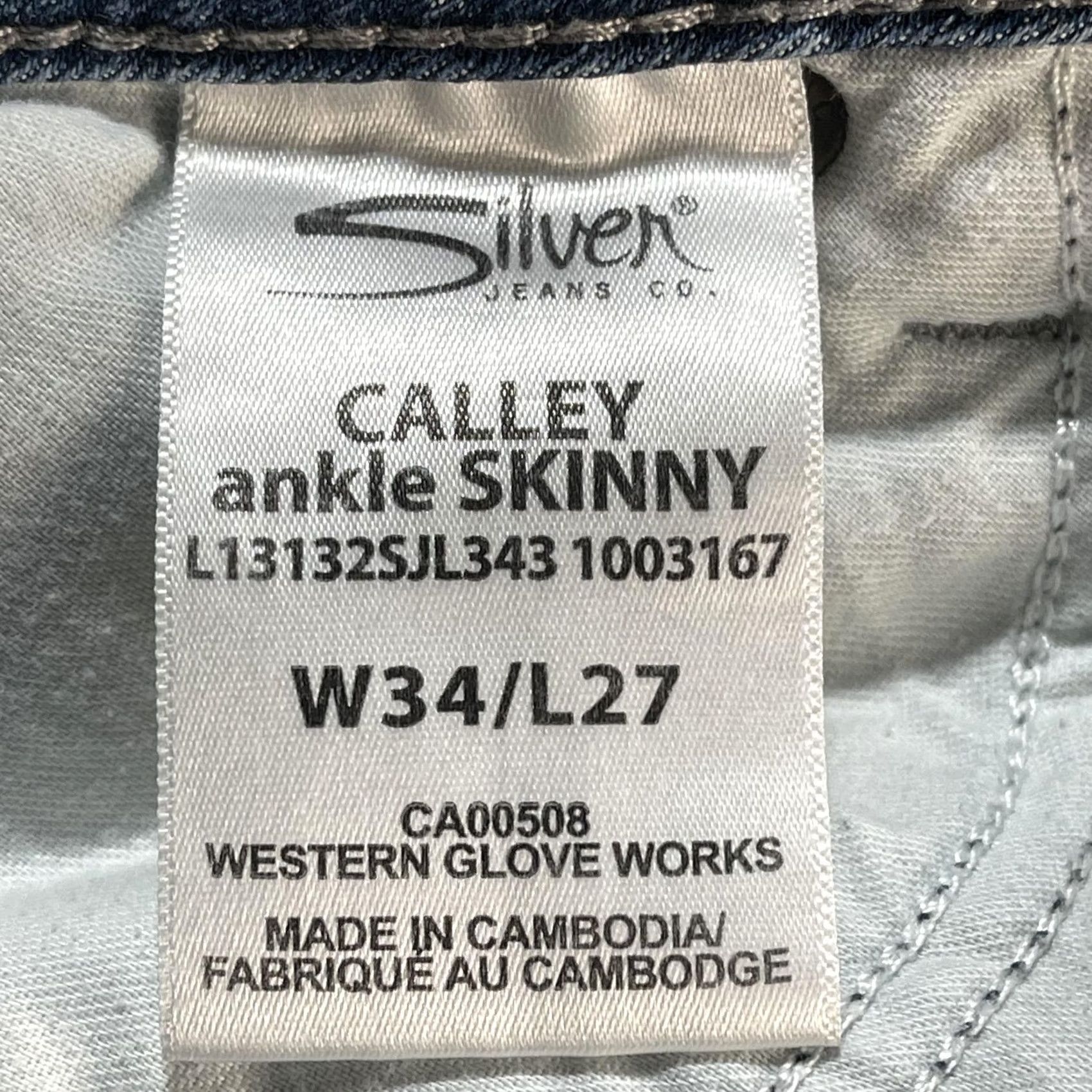 Silver Jeans Co. Silver Jeans Co. Calley Ankle Skinny Jeans Womens 34 Blue Distressed Raw Hem Denim Cotton Elastane Mid Wash Embroidered Pockets 5 Pocket Zip Size 24" / US 00 / IT 34 - 6 Thumbnail