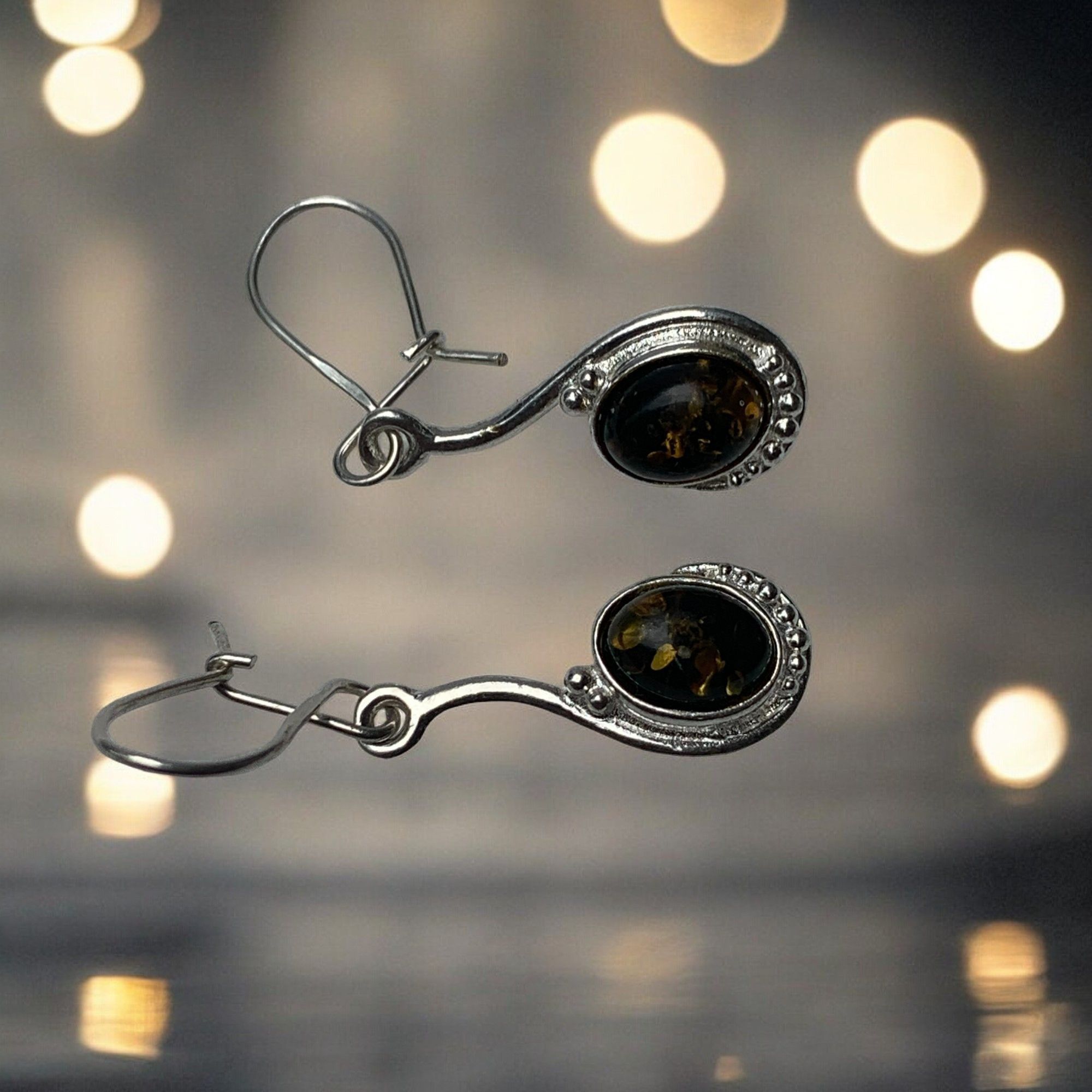 Designer Sterling Silver 925 Green Amber Drop Dangle Earrings Size ONE SIZE - 12 Thumbnail