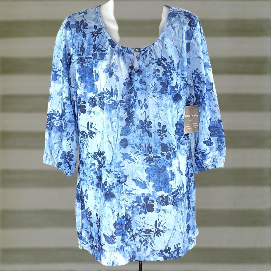 Vintage Blue Floral Tunic Top S Beach tropical Boho Hippie Keyhole Scoop 3/4 Sleeve NWT Size S / US 4 / IT 40 - 1 Thumbnail