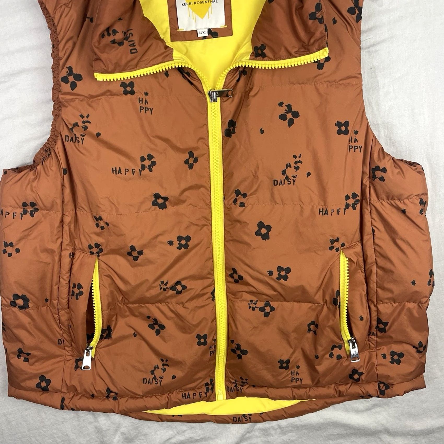 Vintage Kerri Rosenthal Vest Womens Large XL Brown Yellow Happy Daisy Puffer Full Zip Size XL / US 12-14 / IT 48-50 - 3 Thumbnail