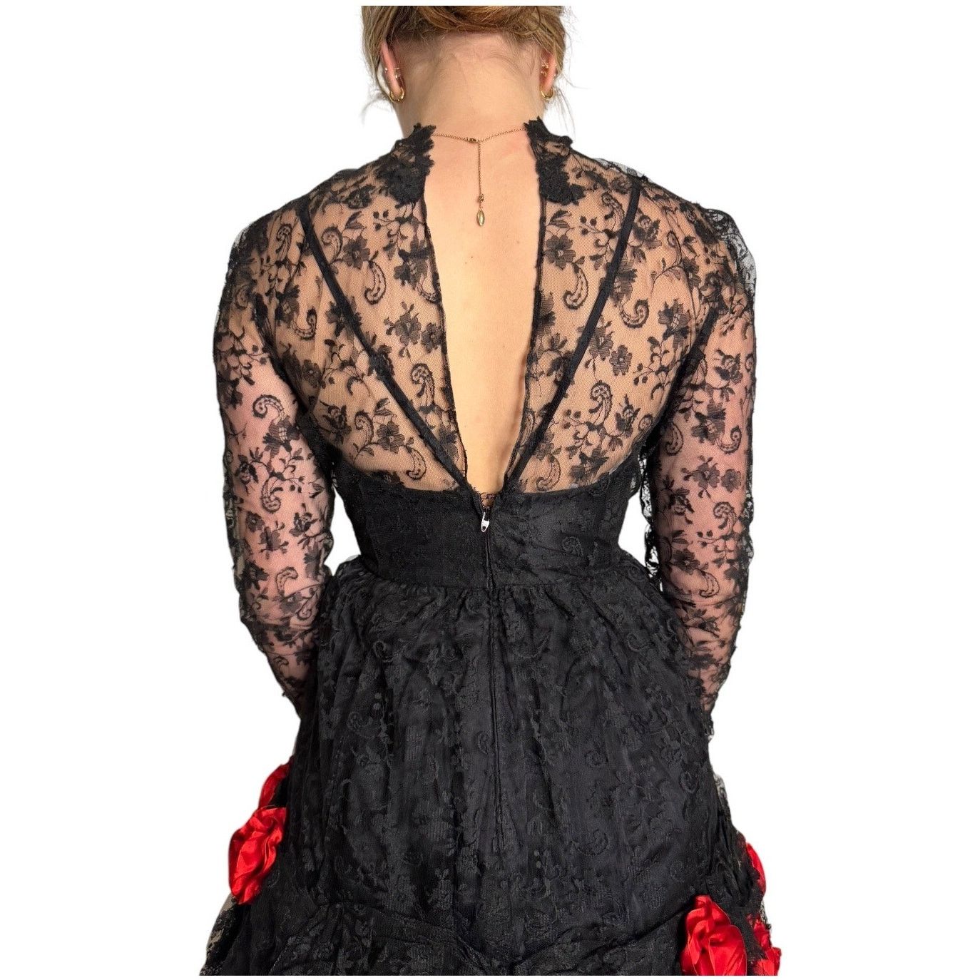 Vintage Vtg An original by DUSAUZAY black Lace Red Roses dress Size XS / US 0-2 / IT 36-38 - 7 Thumbnail