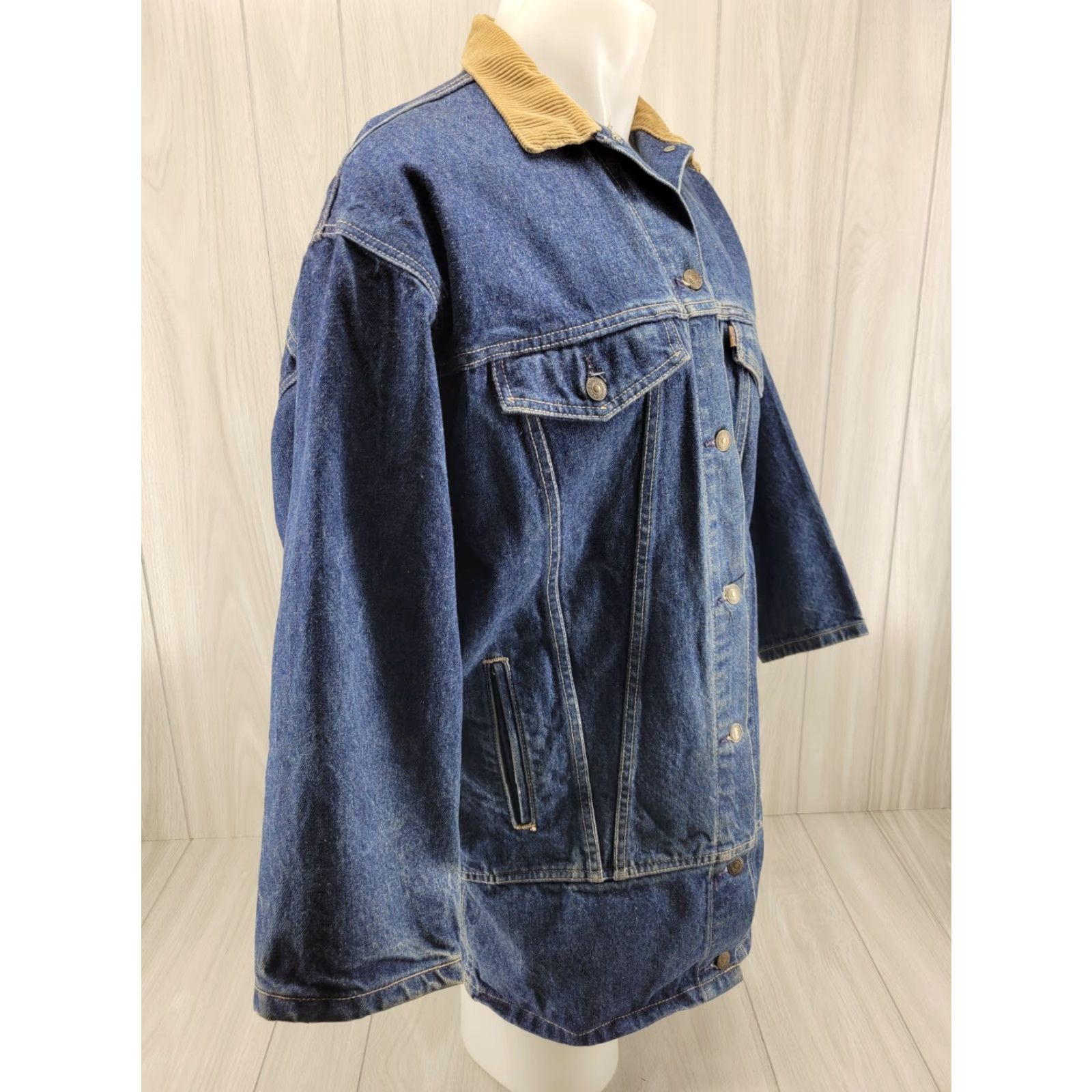 Denime VINTAGE Levis Denim Jacket Jacket Women Long Distressed Collared 77932-7206 Chore Cord Blue Jeans Coat Size M / US 6-8 / IT 42-44 - 4 Thumbnail