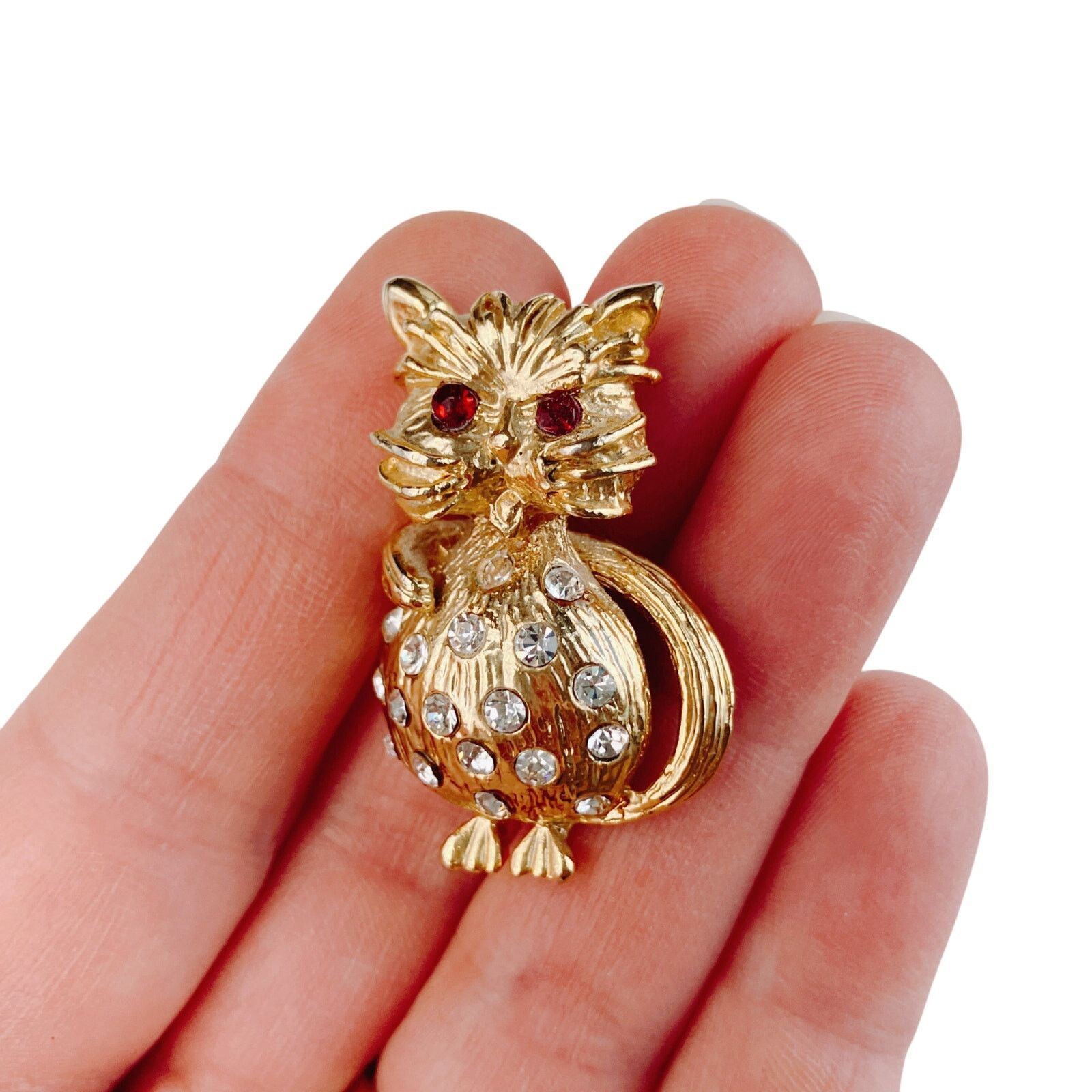 Vintage VTG 60s Cat Brooch Red Rhinestone Eyes Figural Mid Century Size ONE SIZE - 3 Thumbnail