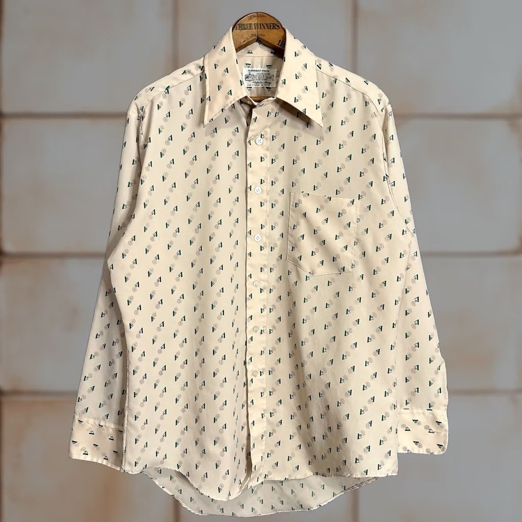 Vintage Kmart Vintage 70s Permanent-Press Shirt Beige Green Men's L Short Sleeve Mod Shirt Size US L / EU 52-54 / 3 - 1 Thumbnail